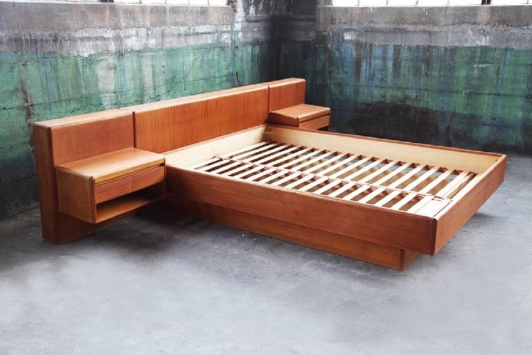 Vintage Danish Teak Platform Bed with Attached Nightstands &Pull Out ...