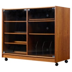 Retro Danish Teak Stereo Media Record Cabinet Record on Casters