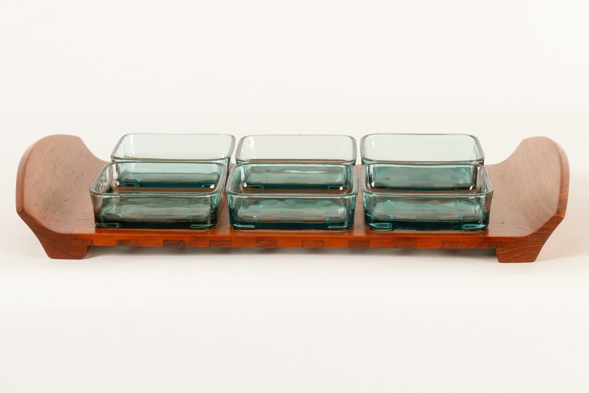 Mid-Century Modern Vintage Danish Teak Tray with Glass Bowls by Jens Harald Quistgaard, 1960s