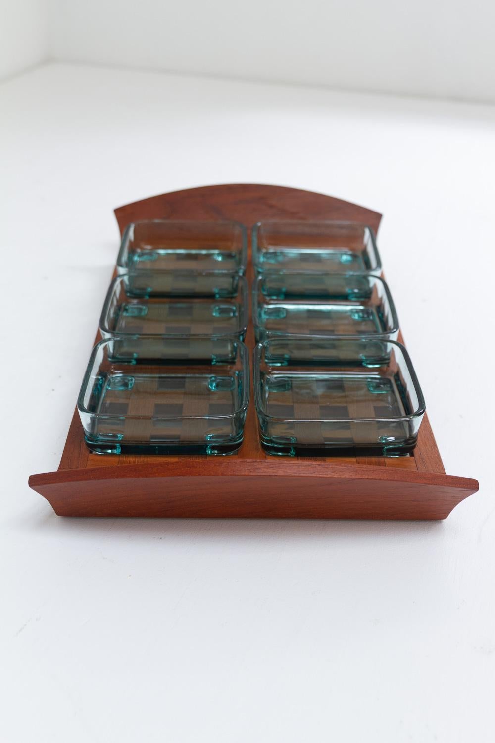 Mid-Century Modern Vintage Danish Teak Tray with Glass Bowls by Jens Harald Quistgaard, 1960s For Sale