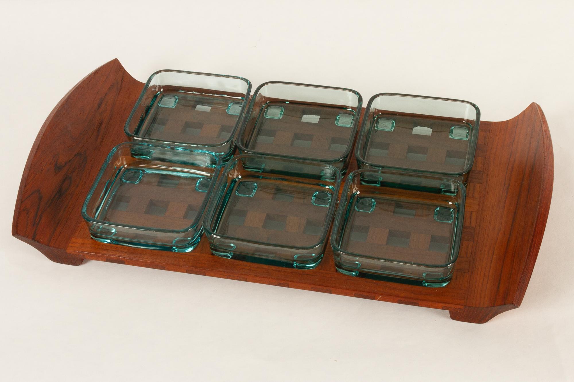 Vintage Danish Teak Tray with Glass Bowls by Jens Harald Quistgaard, 1960s In Good Condition For Sale In Asaa, DK