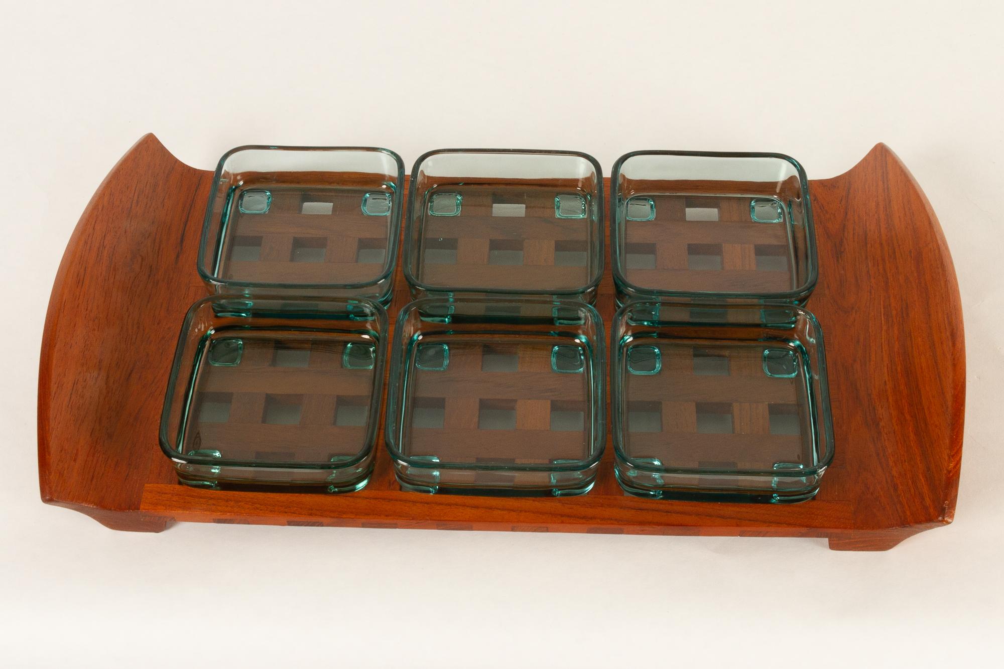 Mid-20th Century Vintage Danish Teak Tray with Glass Bowls by Jens Harald Quistgaard, 1960s