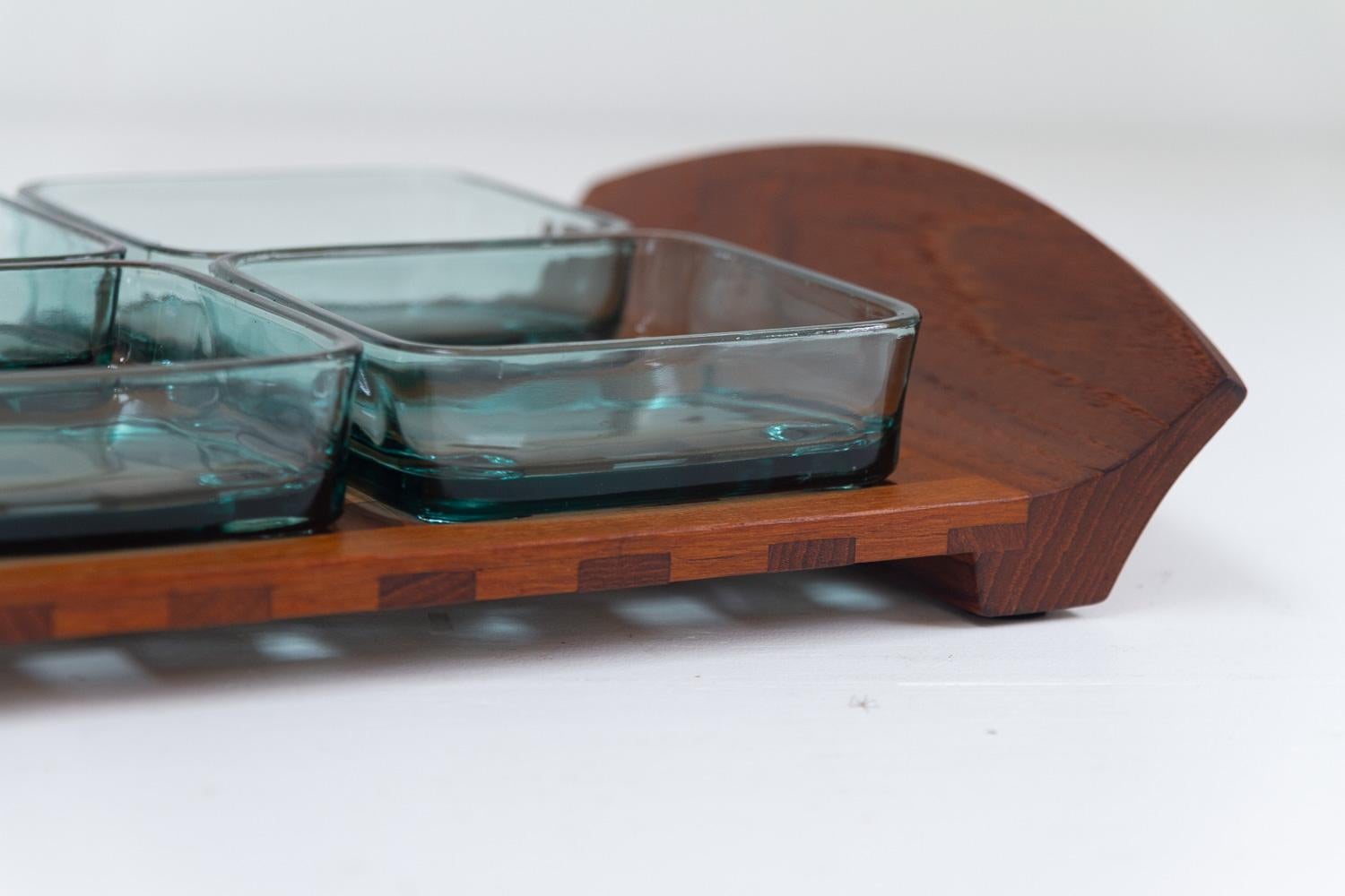 Mid-20th Century Vintage Danish Teak Tray with Glass Bowls by Jens Harald Quistgaard, 1960s For Sale