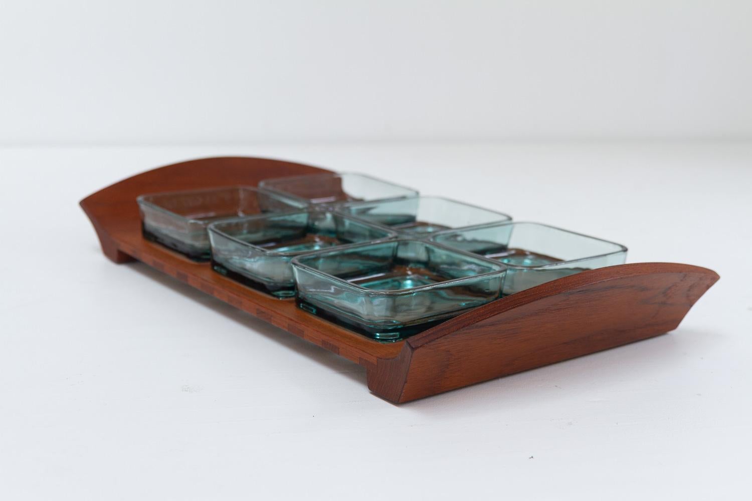 Vintage Danish Teak Tray with Glass Bowls by Jens Harald Quistgaard, 1960s For Sale 1