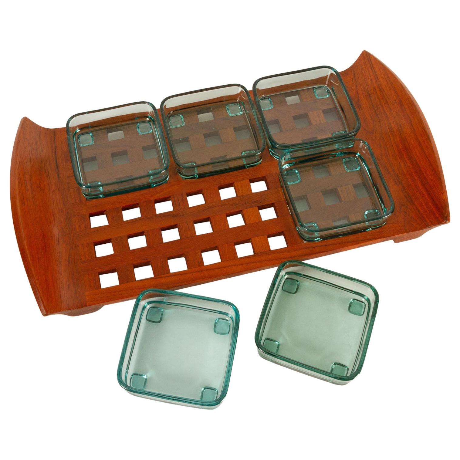 Vintage Danish Teak Tray with Glass Bowls by Jens Harald Quistgaard, 1960s