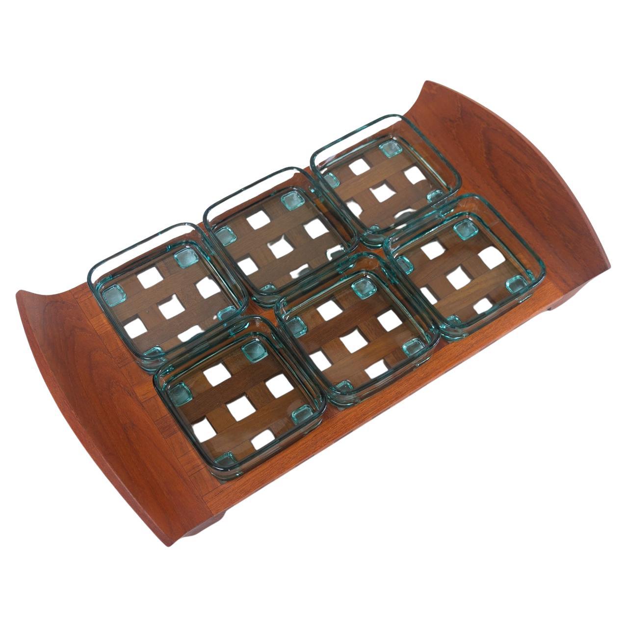 Vintage Danish Teak Tray with Glass Bowls by Jens Harald Quistgaard, 1960s For Sale