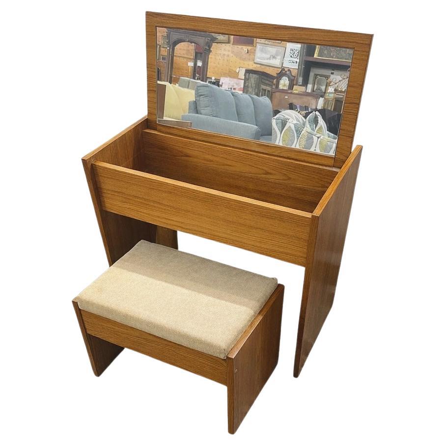 Vintage Danish Vanity Table with Upholstered Bench and Lift Top Mirror For Sale