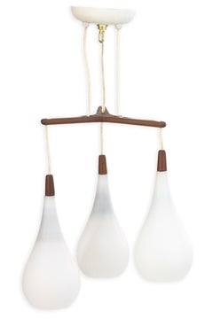 Vintage Danish Teak Wood and 3 Tear Drop Milk Glass Pendants Light Fixture