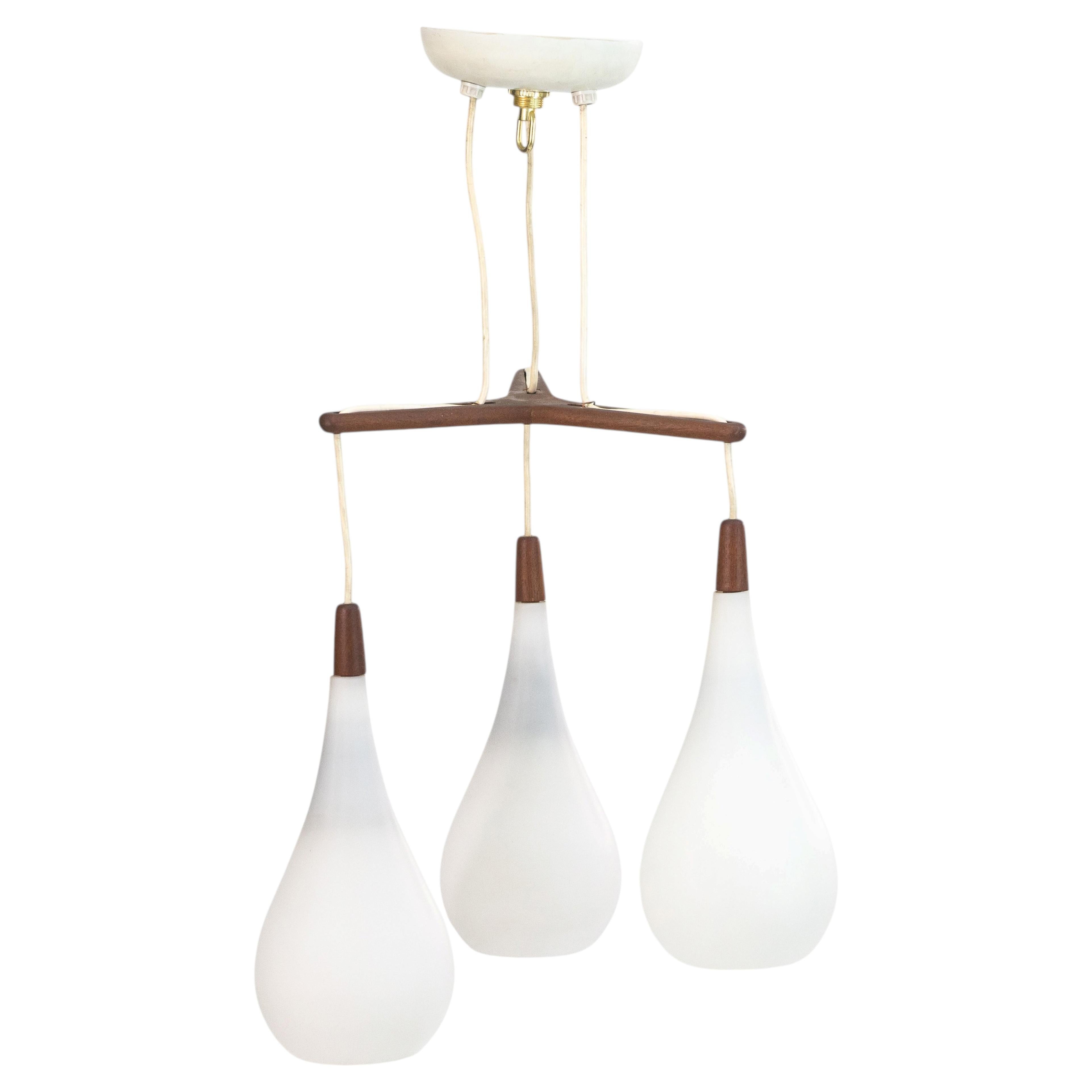 Vintage Danish Teak Wood and 3 Tear Drop Milk Glass Pendants Light Fixture