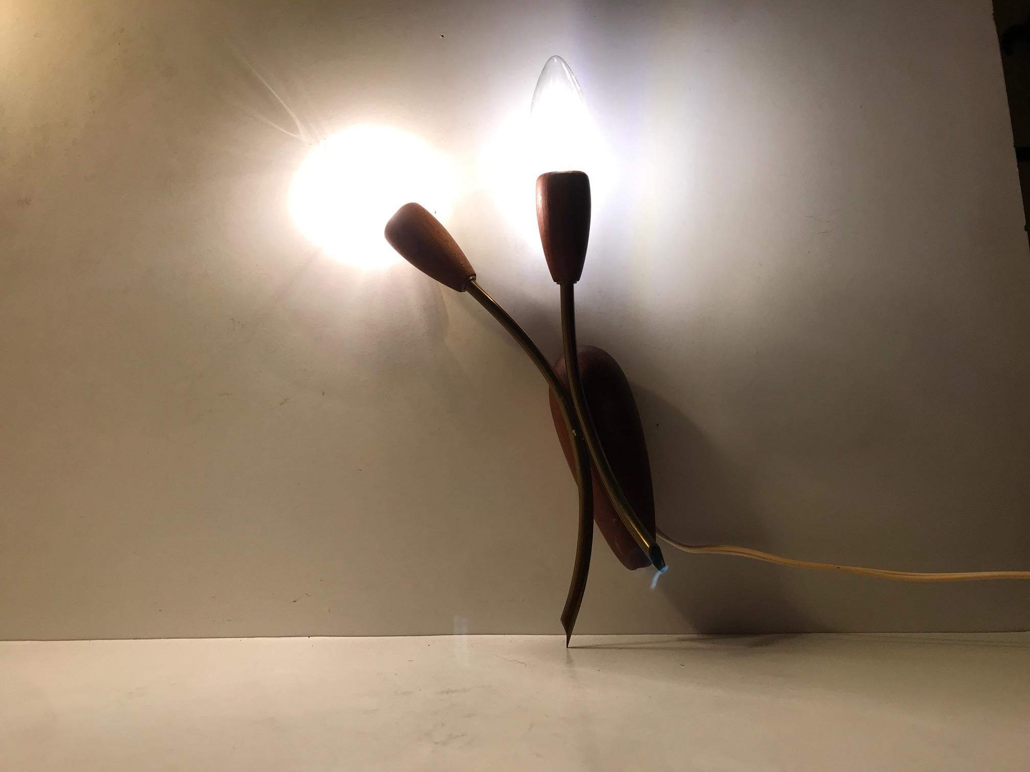 Mid-Century Modern Vintage Danish Twin Tulip Sconce in Teak and Brass, 1950s