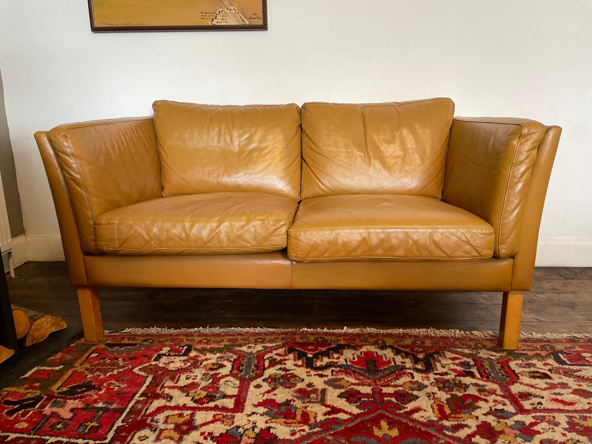 Vintage Danish Two Seater Sofa in Tan Leather For Sale 11