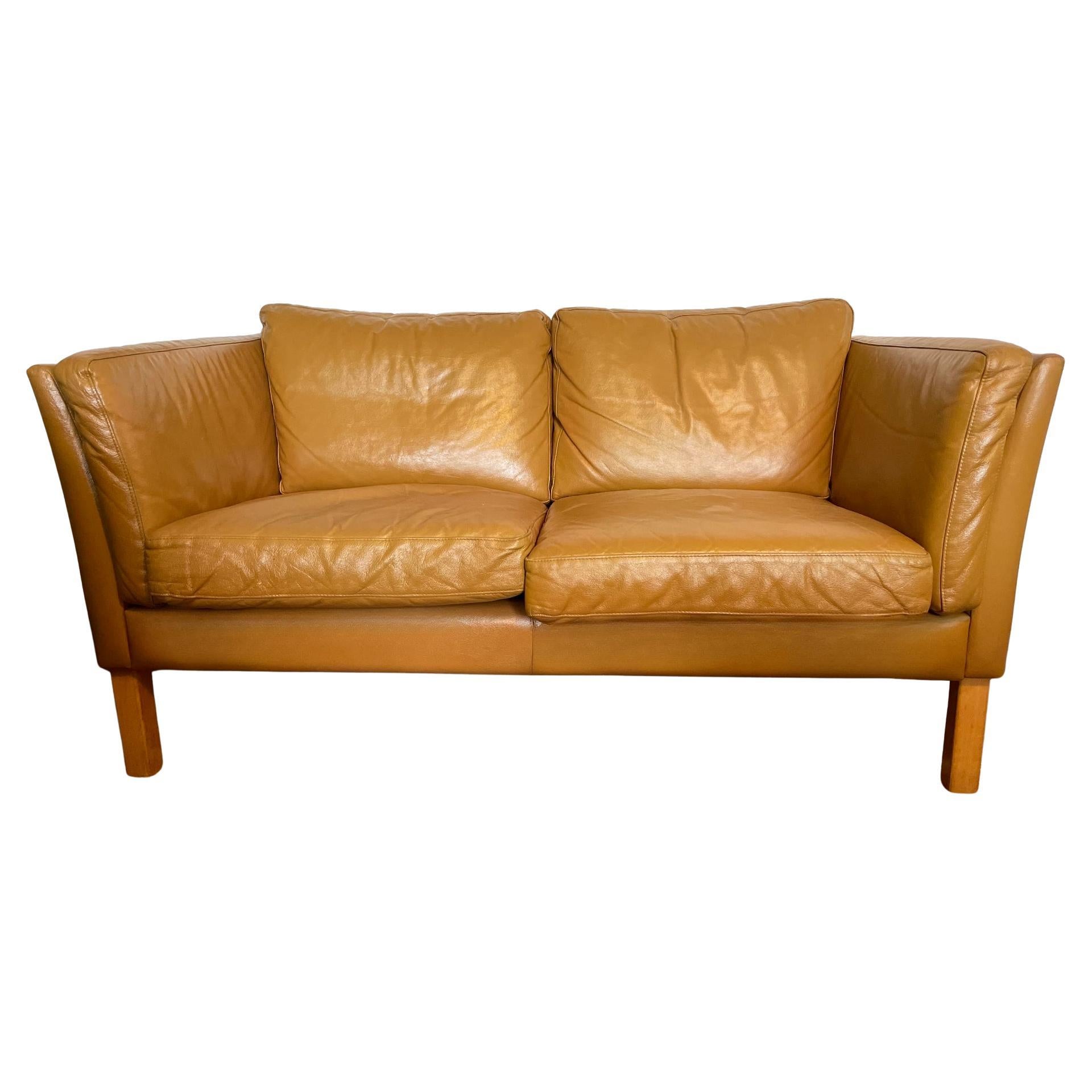 Vintage Danish Two Seater Sofa in Tan Leather For Sale
