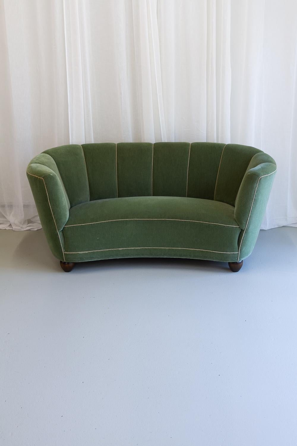 Vintage Danish Velvet Art Deco Banana Sofa, 1940s. 1