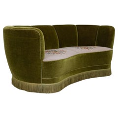 Vintage Danish Velvet Art Deco Banana Sofa, 1940s.