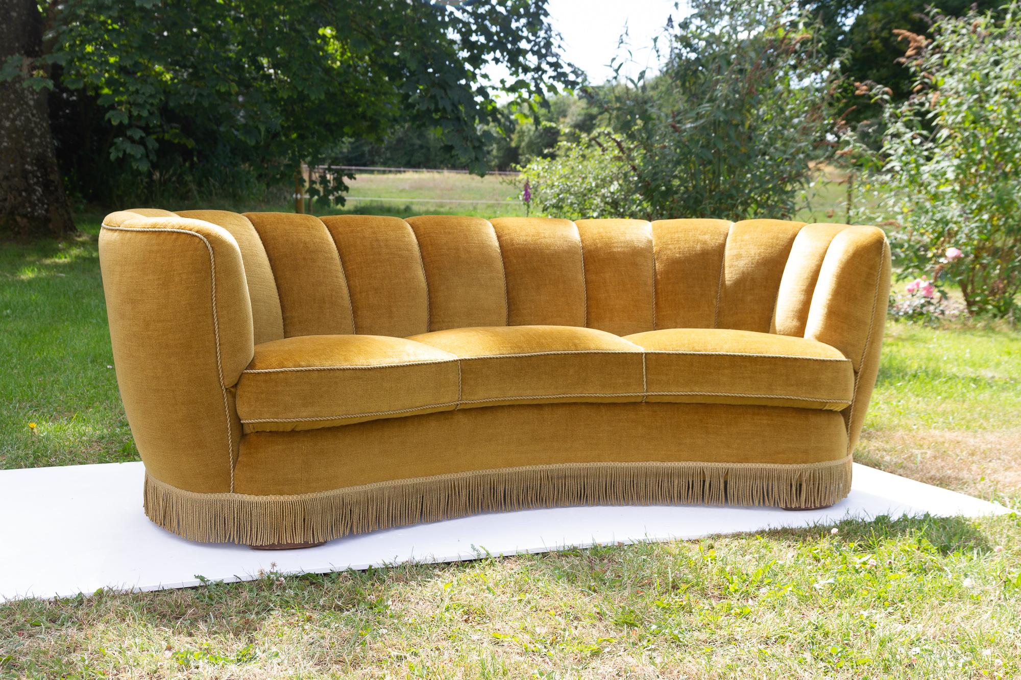 Art Deco Vintage Danish Velvet Banana Sofa, 1940s