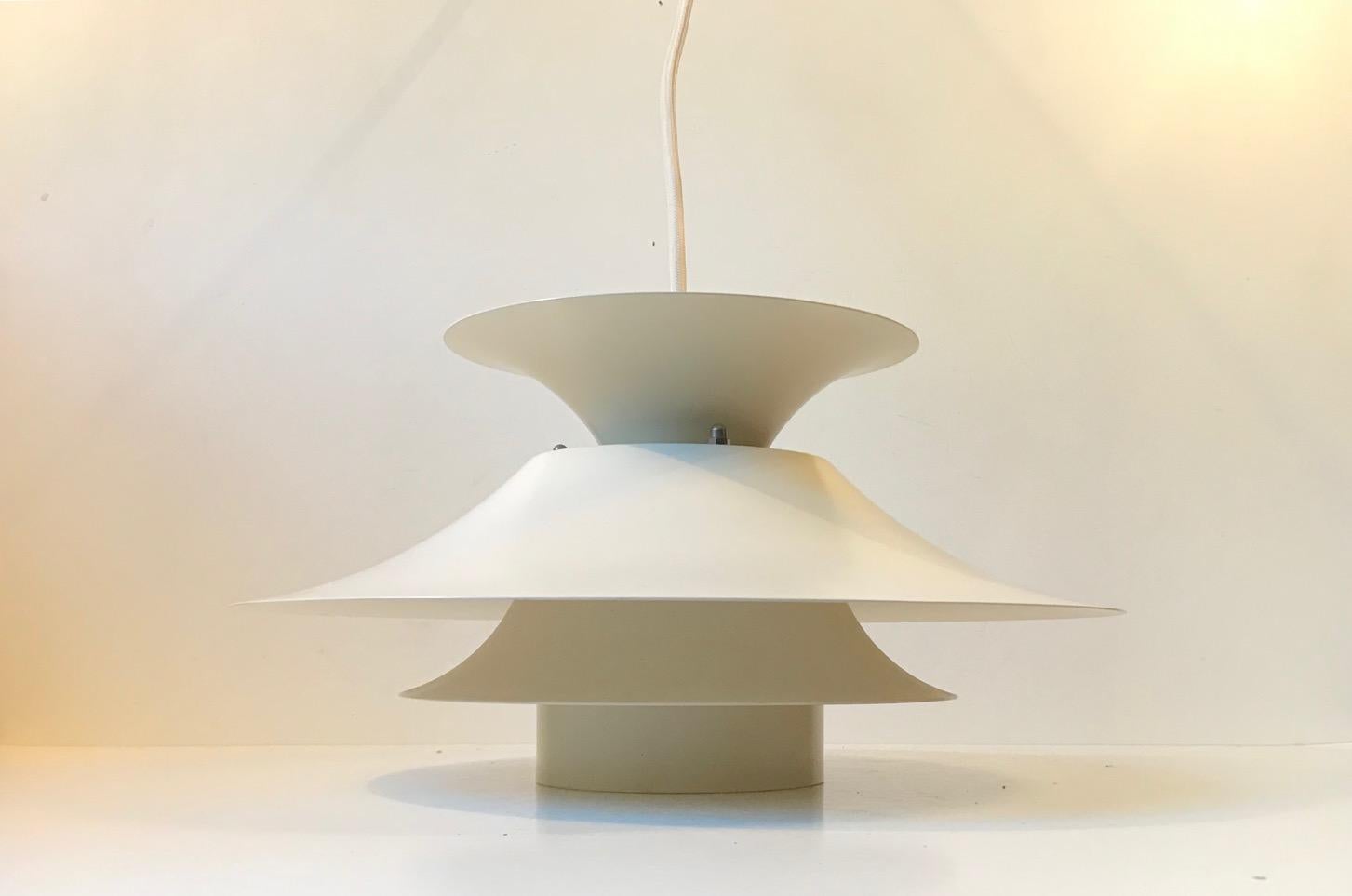 - Tiered pendant lamp
- Designed and manufactured by Jeka Belysning in Denmark during the 1970s
- Reminiscent of the PH4 and PH5 lamps by Poul Henningsen
- It is constructed of white powder coated metal
- Reflective white inner shades
- It is