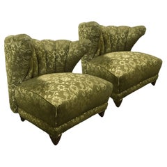 Vintage Danish Wingback Upholstered Armchair in Olive Velvet with Floral Pattern
