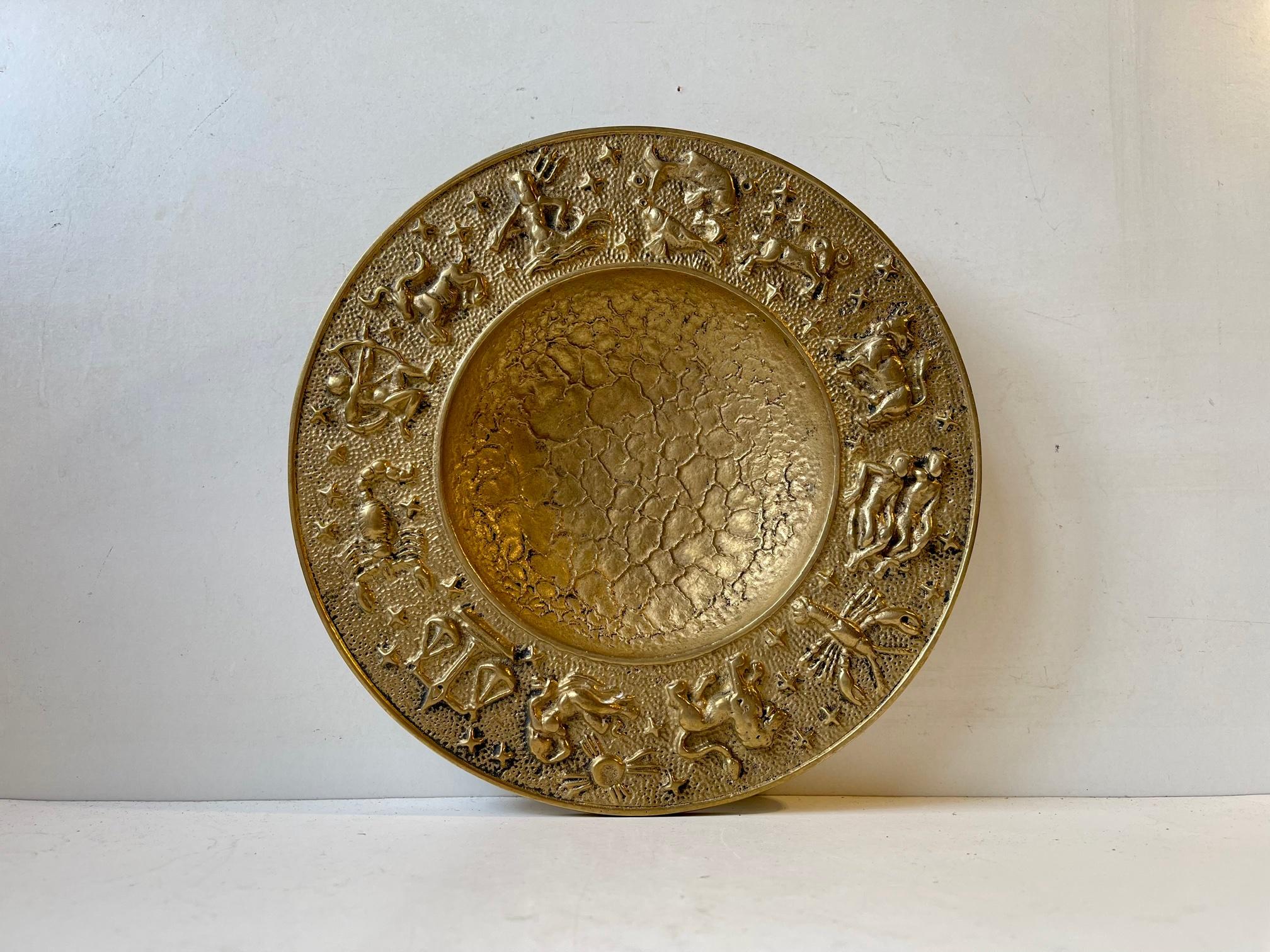 Scandinavian Modern Vintage Danish Zodiac Bronze Bowl with Moon Texturing, 1940s