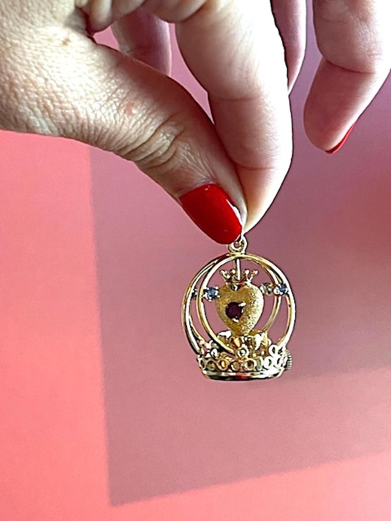 Vintage Dankner 14k Gold Ruby and Blue TopazSpinning Mechanical Large Rare  Charm