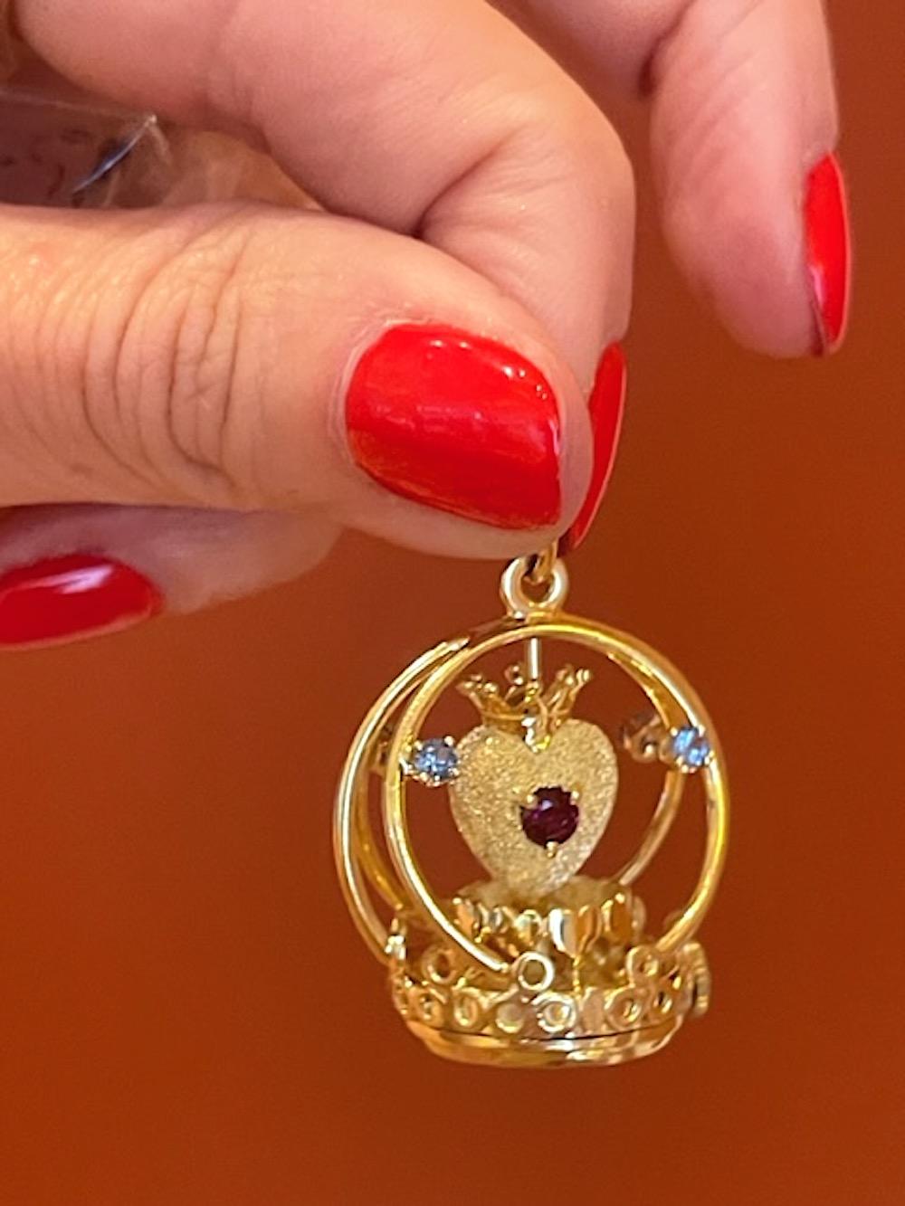 Round Cut Vintage Dankner 14k Gold Ruby and Blue TopazSpinning Mechanical Large Rare Charm