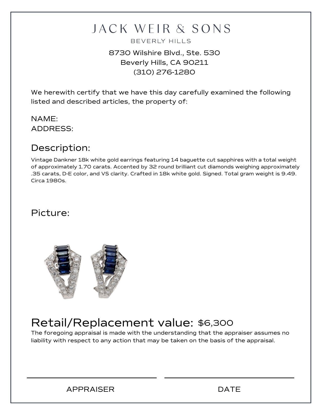 Baguette Cut Vintage Dankner 1.70 carat sapphire diamond 18k white gold earrings