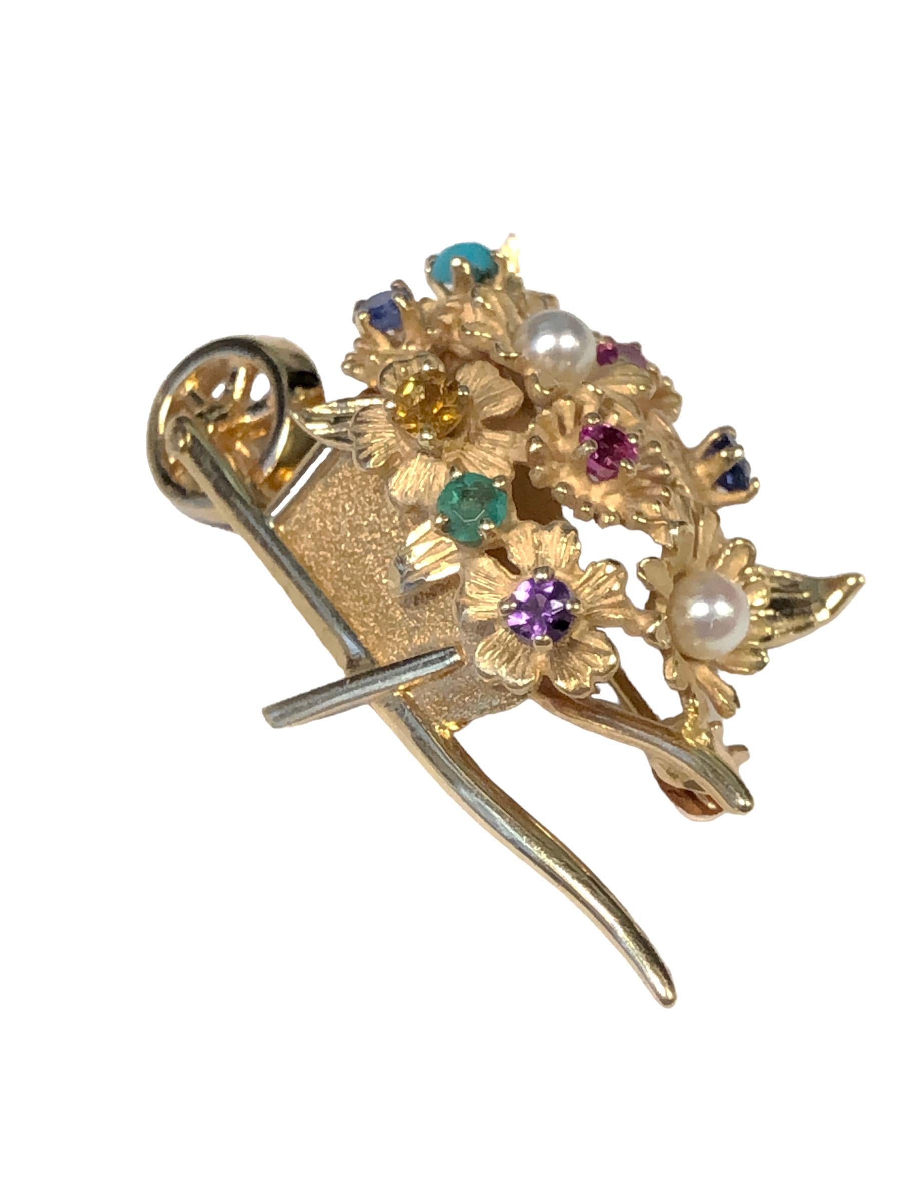 Round Cut Vintage Dankner Gold and Gem set Whimsical Wheel Barrow Flower Cart Brooch For Sale