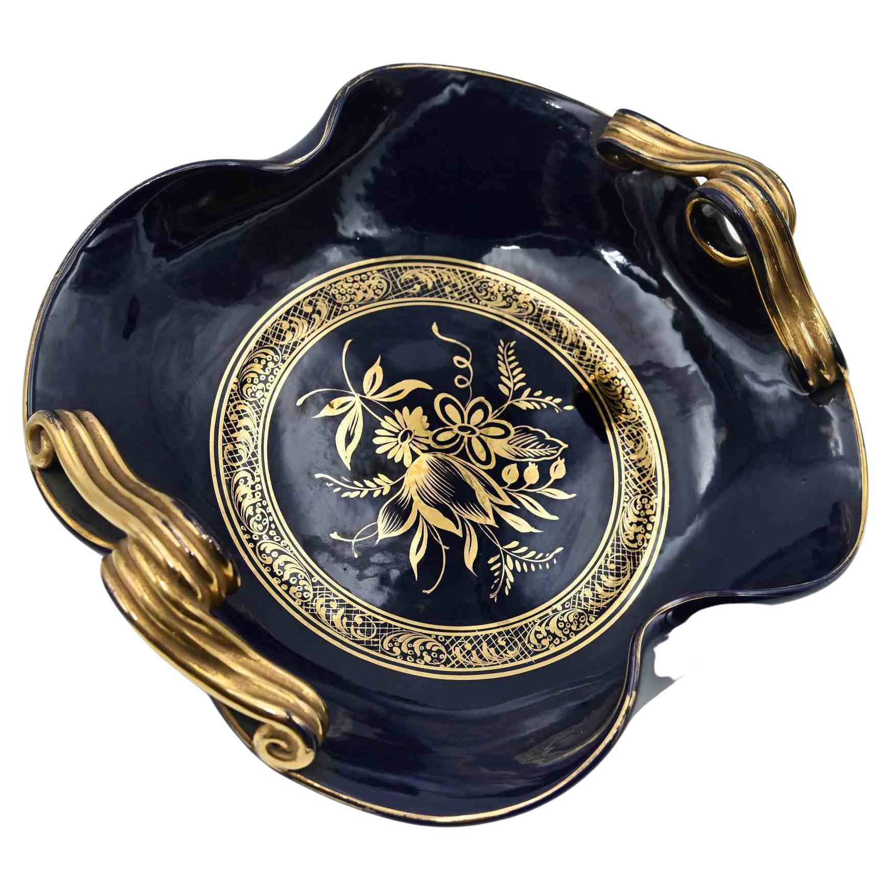 Vintage Dark Blue Gilded Tray, Italy, 1930s For Sale