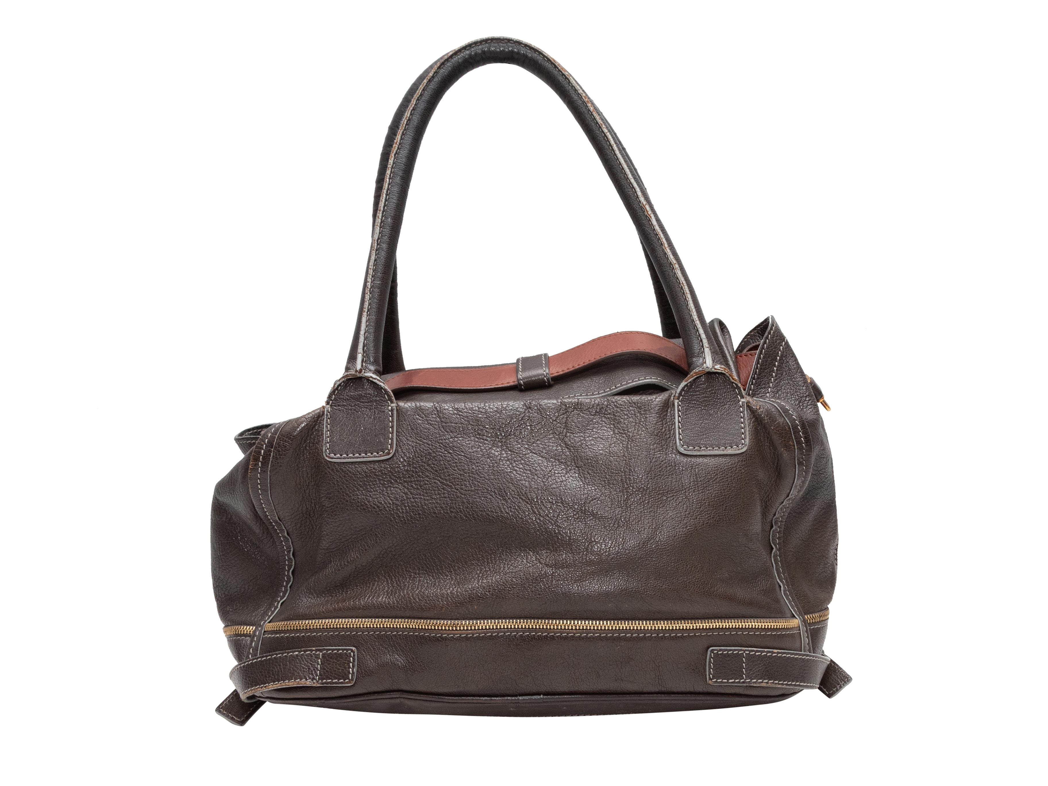 Vintage Dark Brown Chloe Marlow Tote Bag. The Marlow Tote Bag features a leather body, contrast stitching throughout, gold-tone hardware, dual rolled top handles, and a top buckle closure. 14
