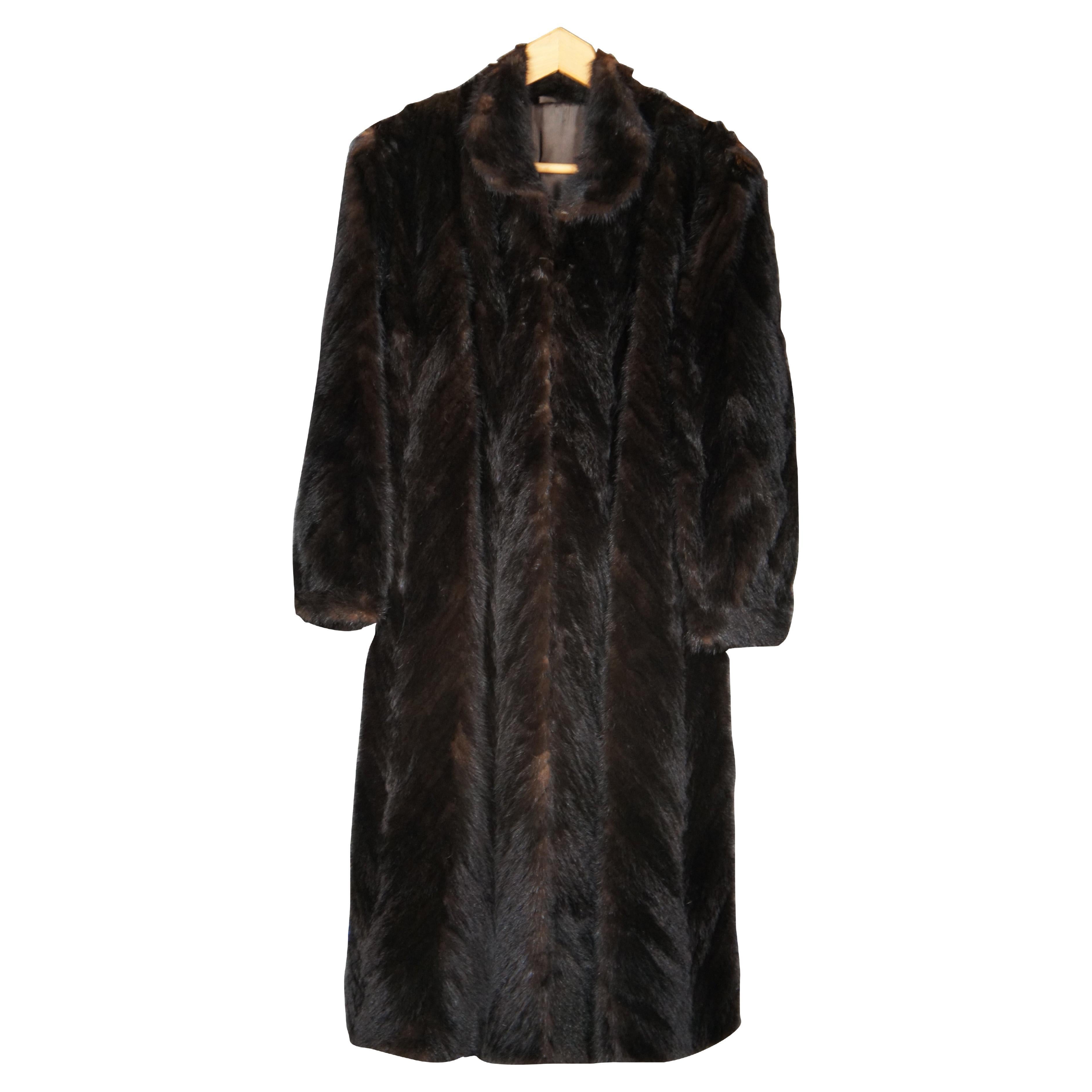 Vintage Dark Brown Full Length Chevron Mink Fur Coat Womens Jacket