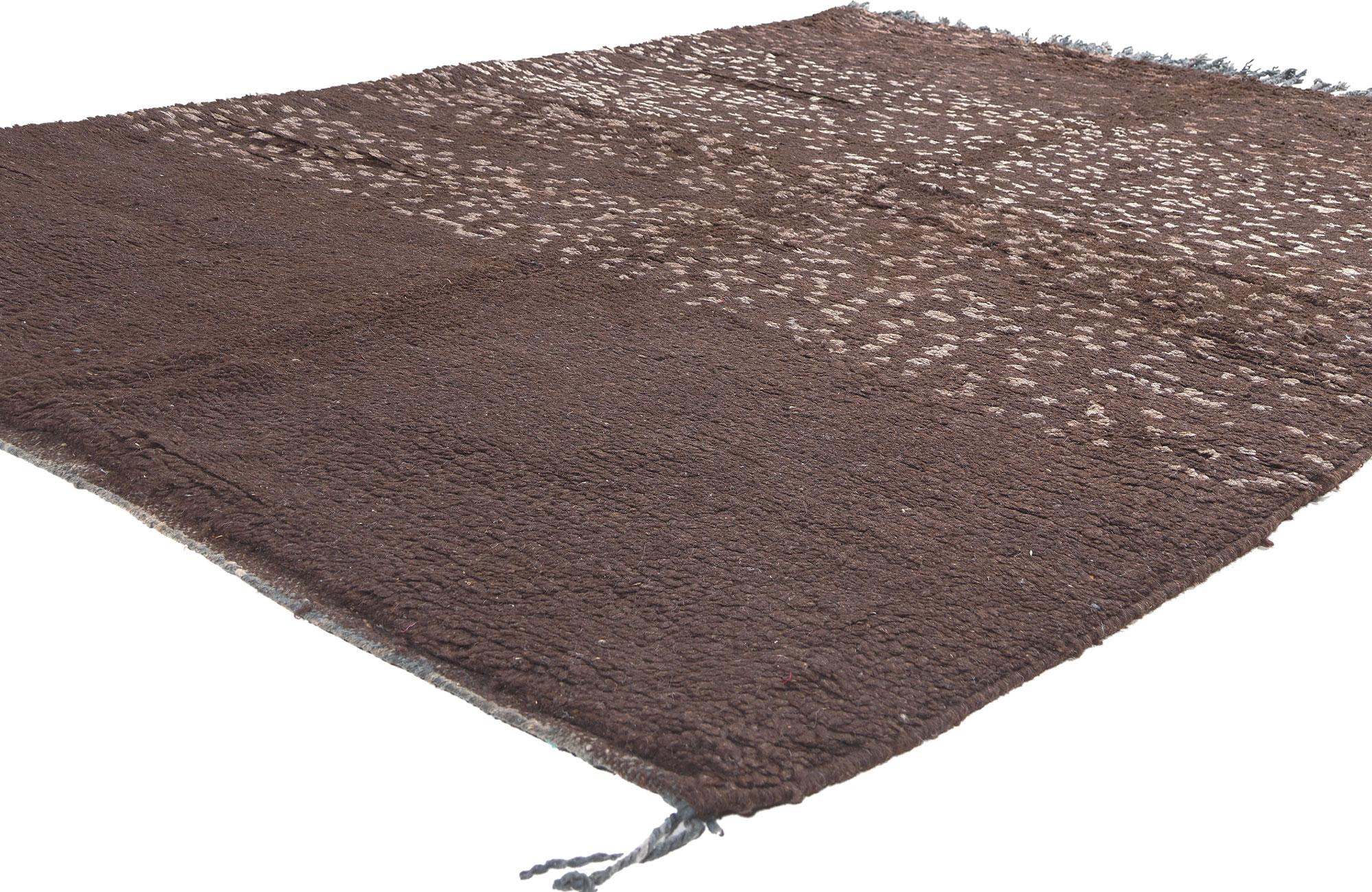 20281 Vintage Berber Moroccan Rug, 05'06 x 08'01. 

Behold the artistry woven into this hand-knotted wool vintage Moroccan rug, where tribal enchantment converges with Biomimicry. A dark earthy-colored backdrop serves as the canvas for a mesmerizing