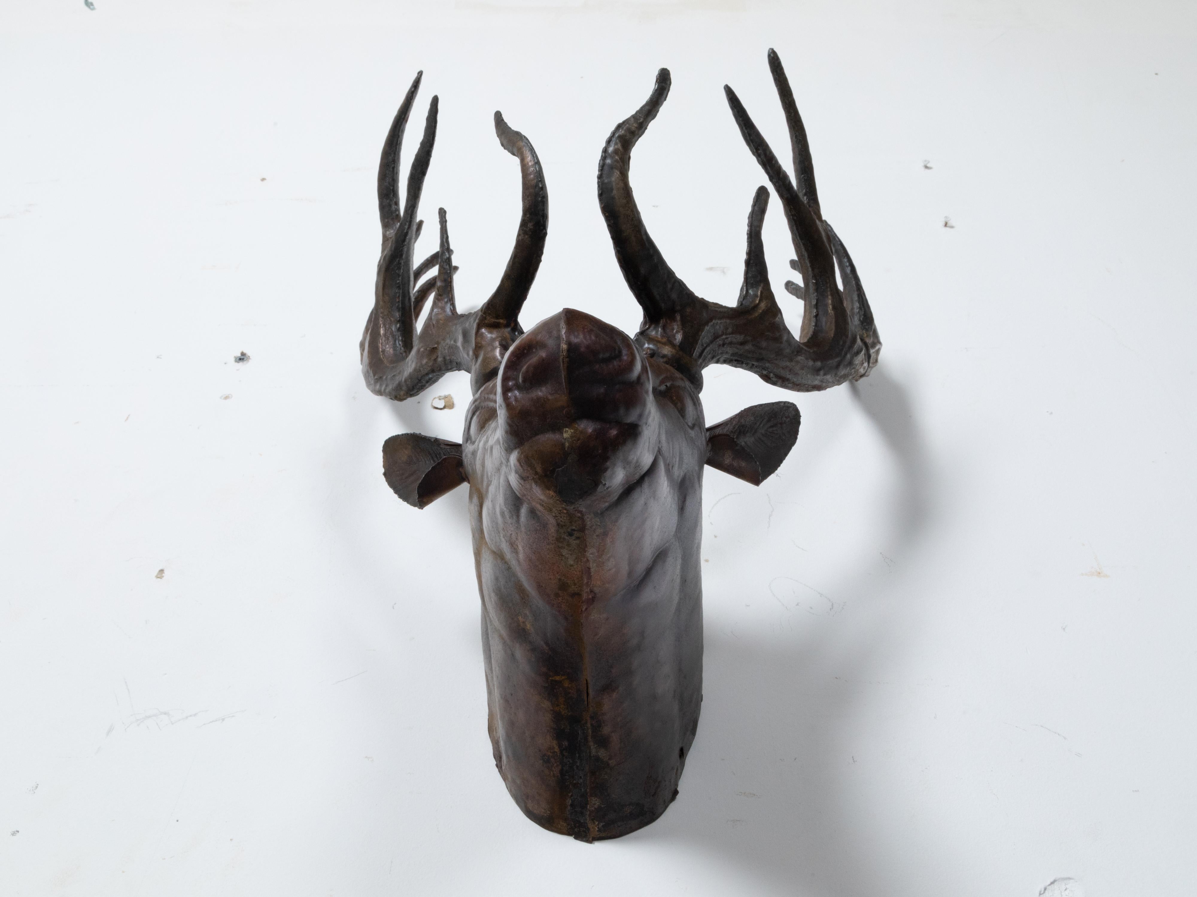 Vintage Dark Brown Painted Tôle Stag Wall Sculpture with Large Antlers For Sale 5