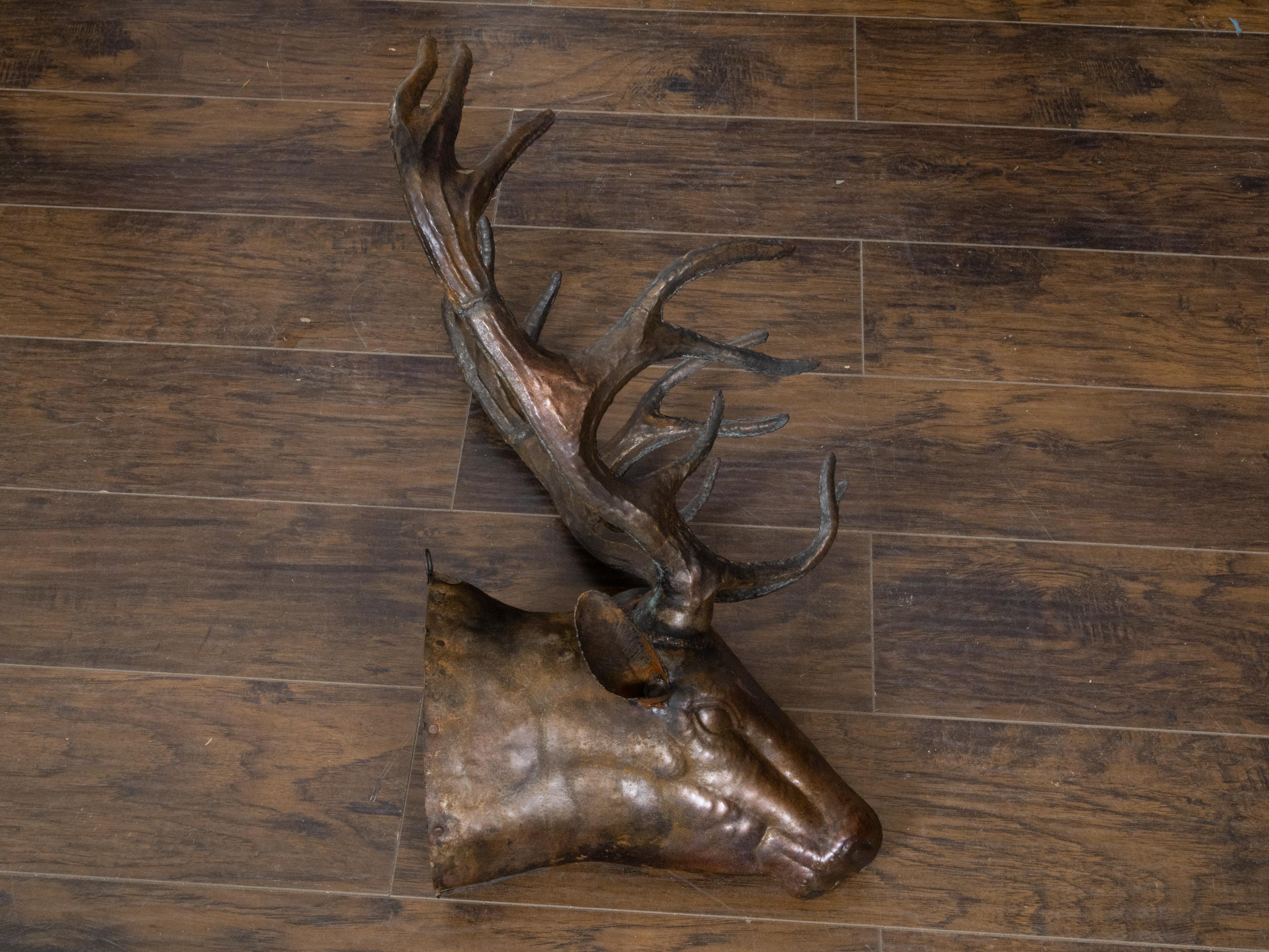 Vintage Dark Brown Painted Tôle Stag Wall Sculpture with Large Antlers For Sale 7