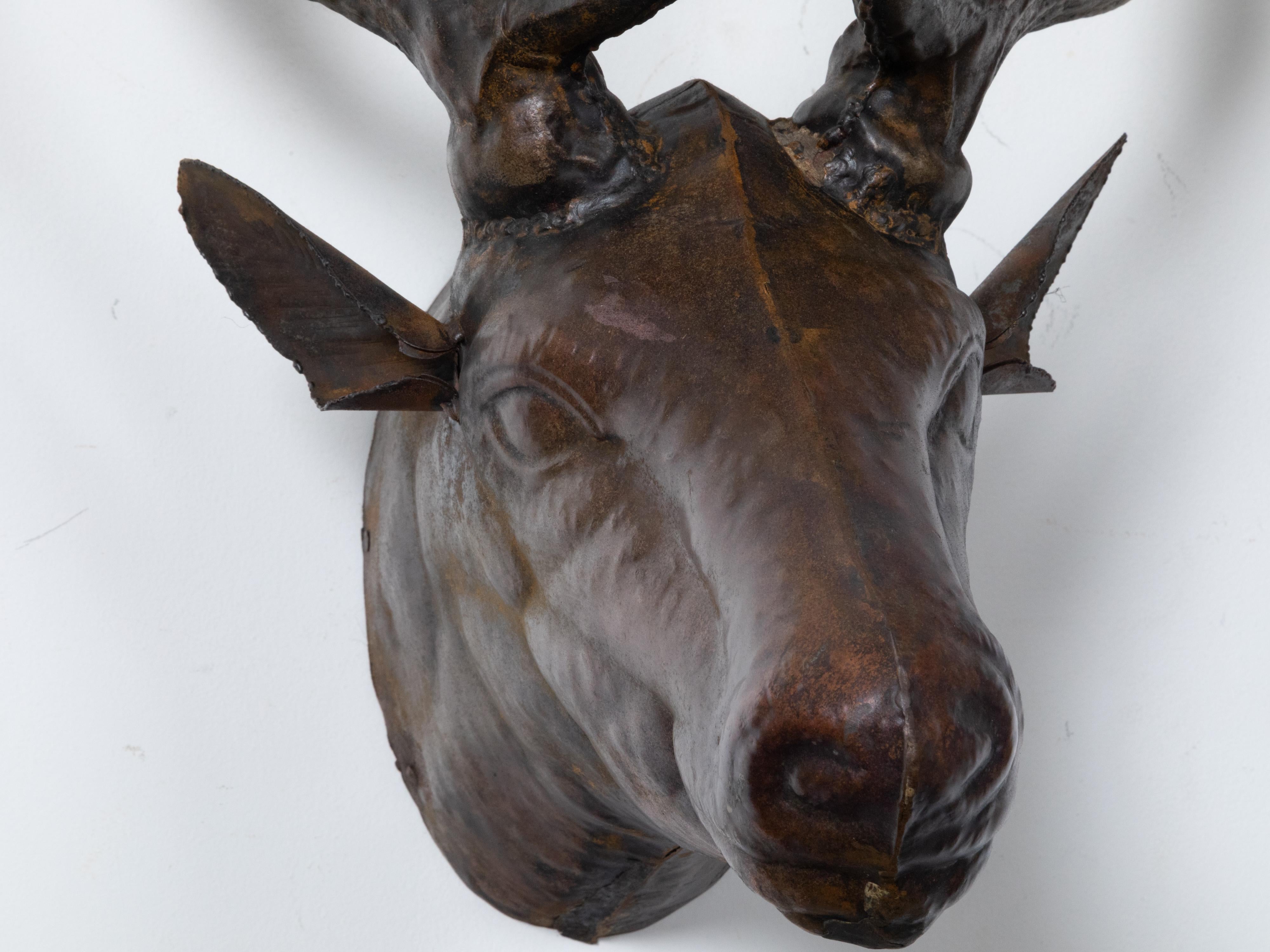 20th Century Vintage Dark Brown Painted Tôle Stag Wall Sculpture with Large Antlers For Sale