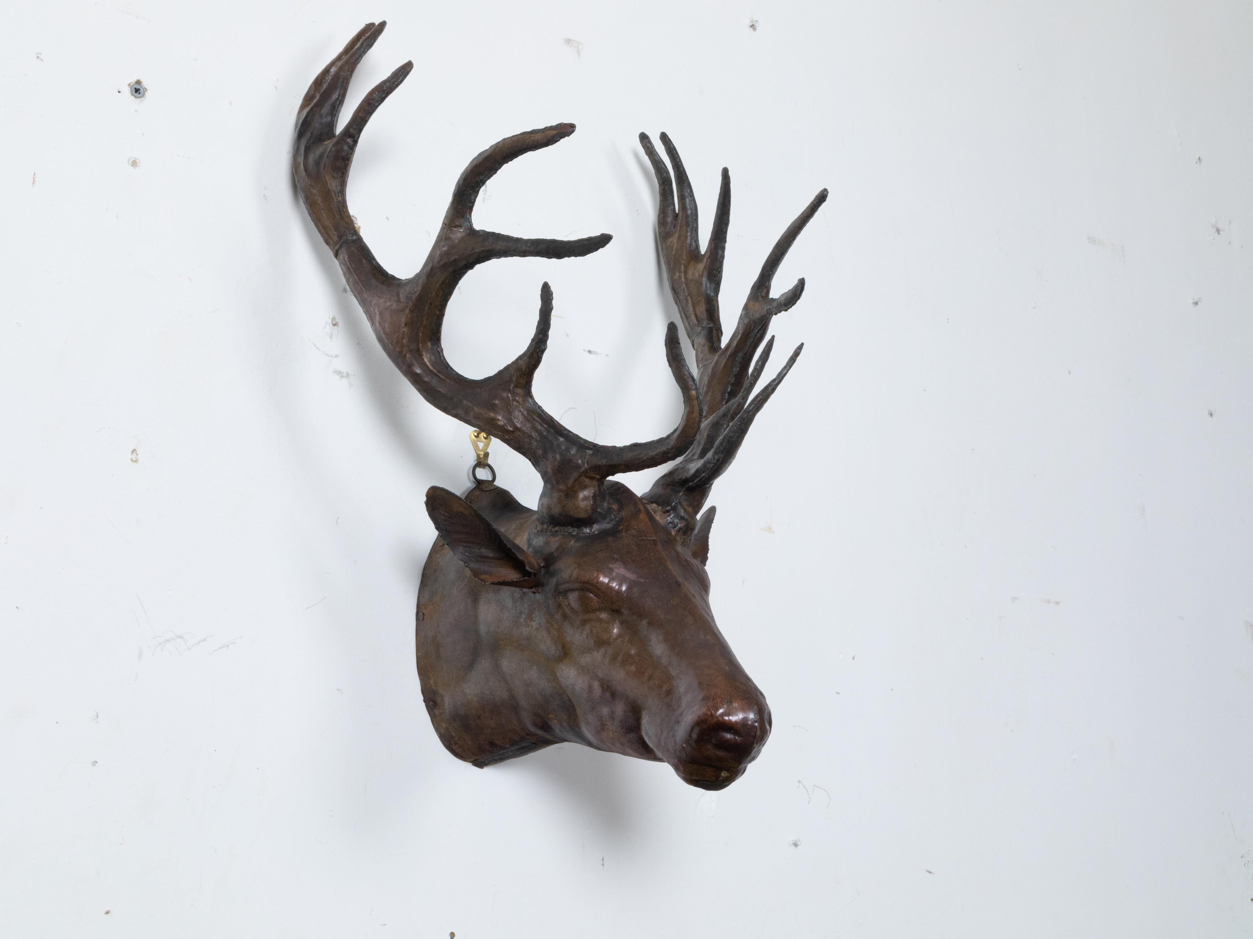 Vintage Dark Brown Painted Tôle Stag Wall Sculpture with Large Antlers For Sale 1
