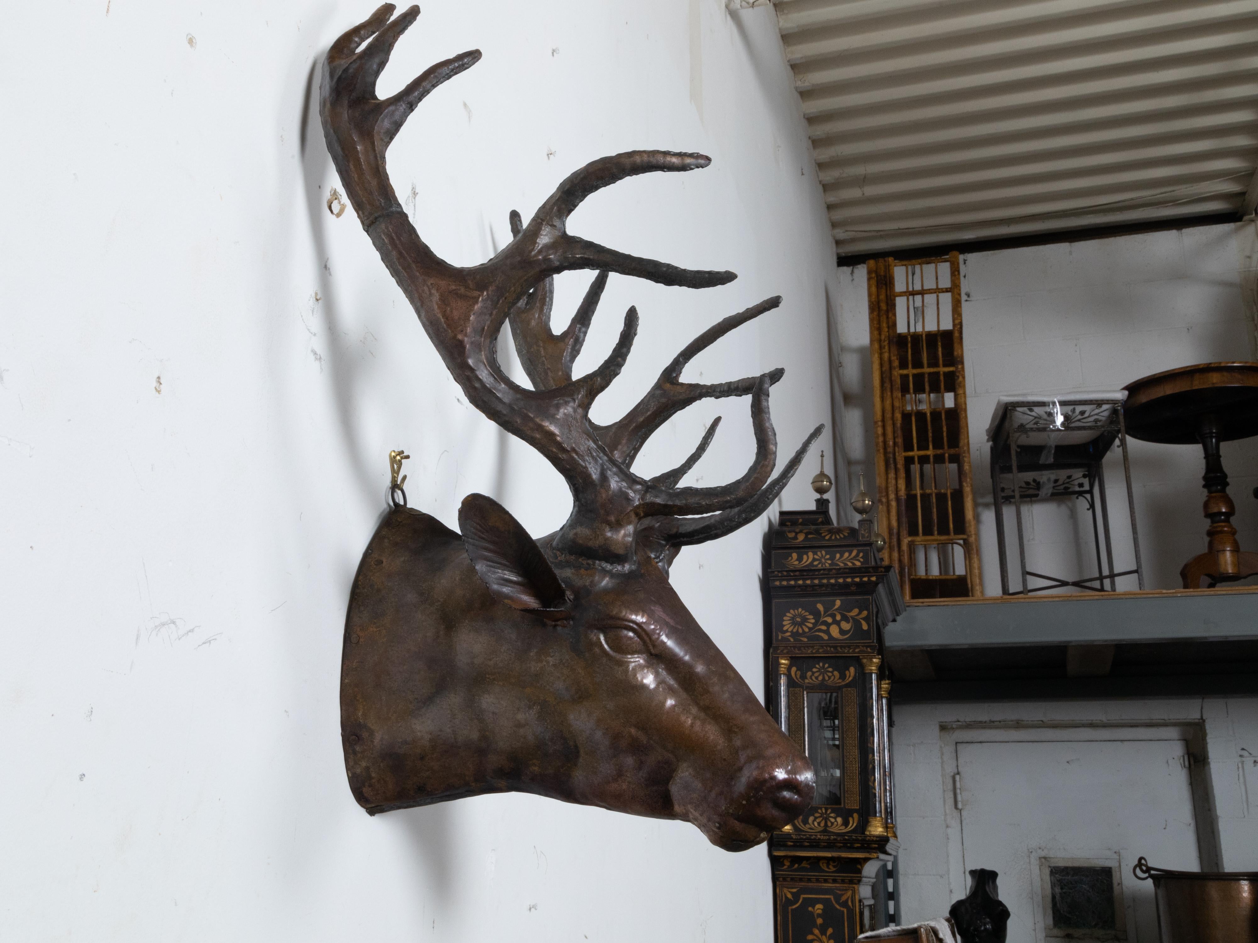Vintage Dark Brown Painted Tôle Stag Wall Sculpture with Large Antlers For Sale 2