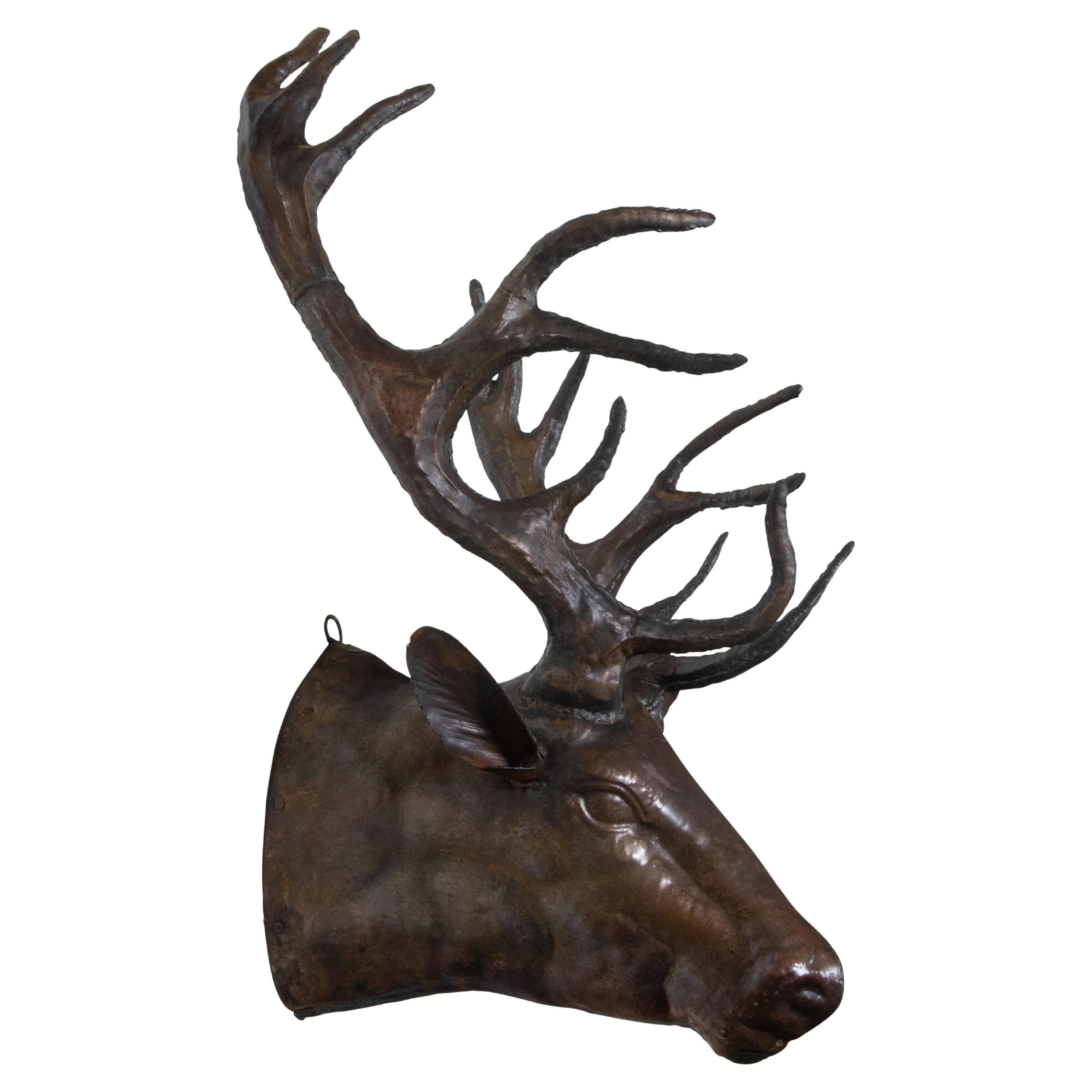 Vintage Dark Brown Painted Tôle Stag Wall Sculpture with Large Antlers For Sale