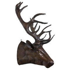 Retro Dark Brown Painted Tôle Stag Wall Sculpture with Large Antlers