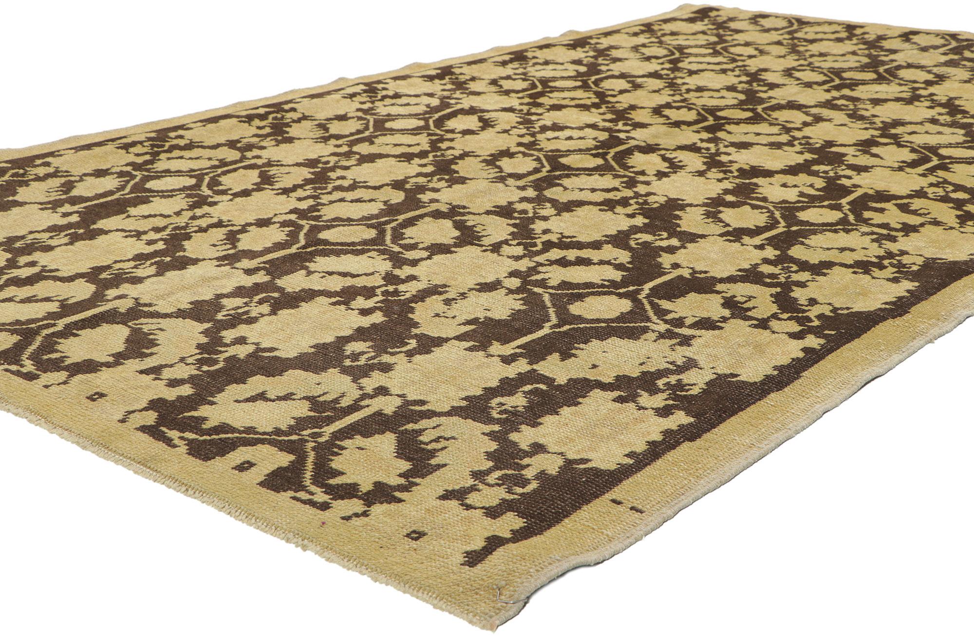 50846 Vintage Turkish Oushak Rug, 05'00 X 08'05. When Biophilic Design meets Cottagecore, it brings forth a deeply rooted connection to nature, evoking a nostalgic, romantic charm. This sentiment is captured perfectly in the hand-knotted wool