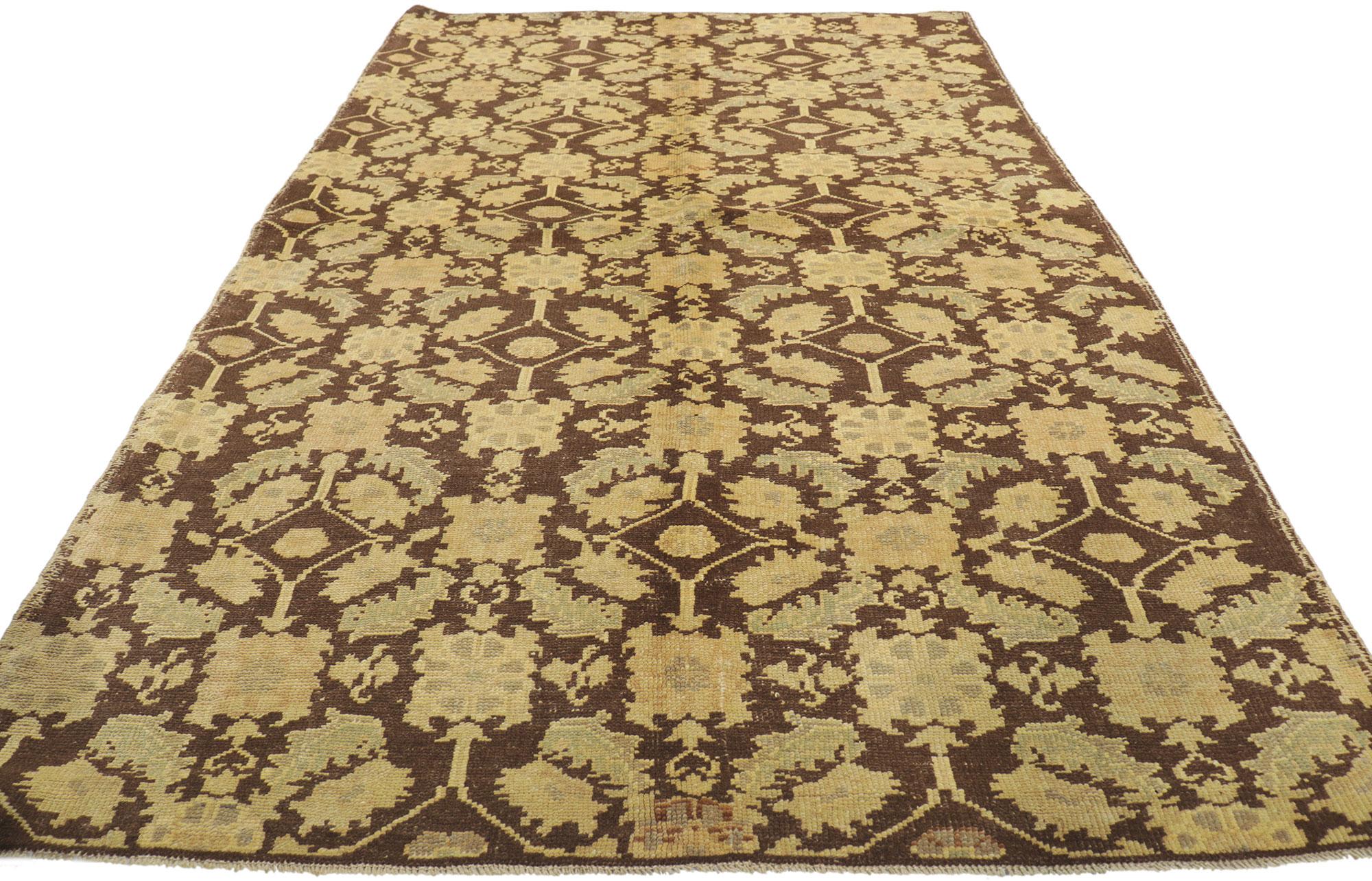 Hand-Knotted Vintage Dark Brown Turkish Oushak Carpet For Sale