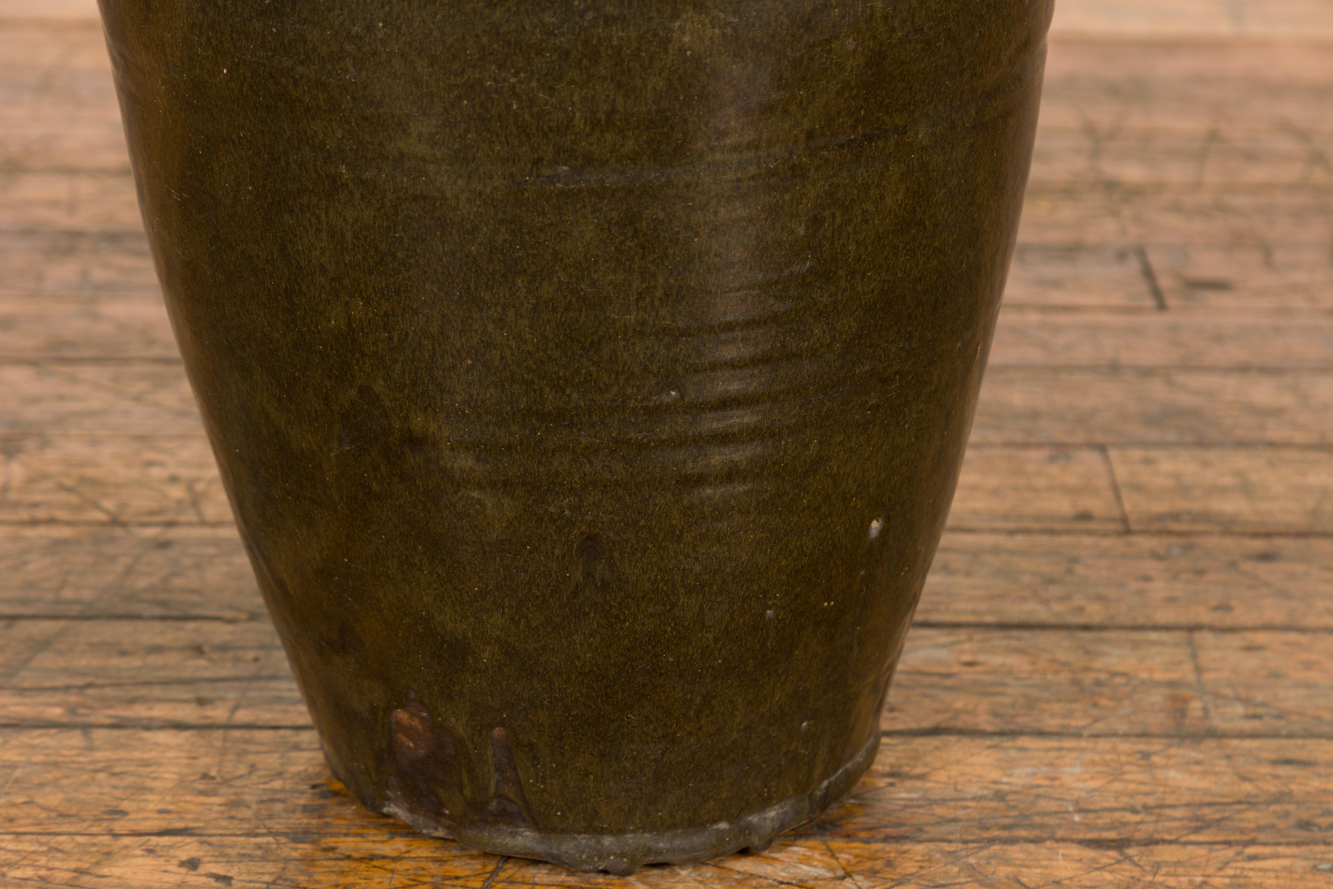 Vintage Dark Brownish Green Glazed Ceramic Storage Jar with Tapering Lines For Sale 5
