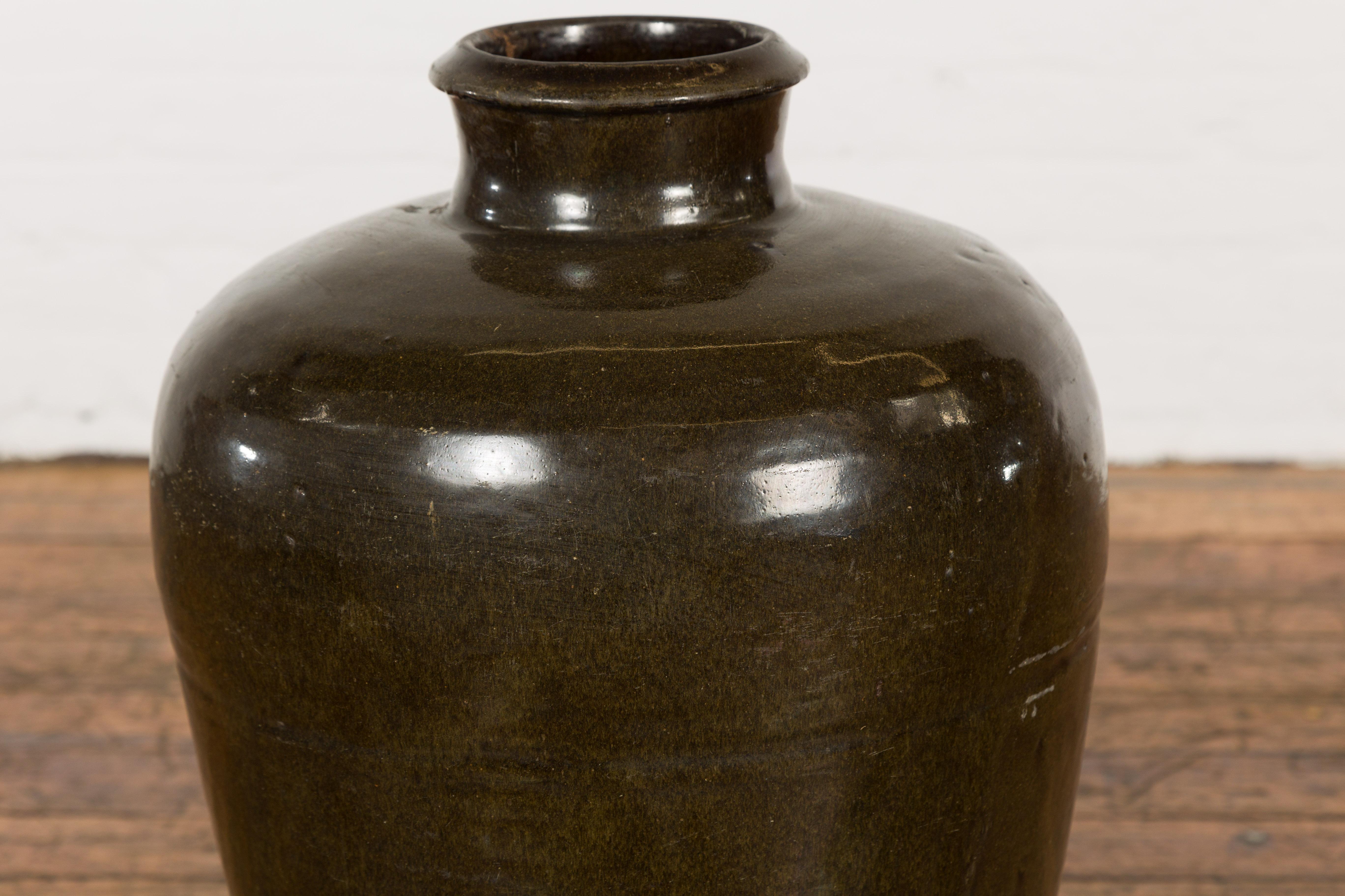 Vintage Dark Brownish Green Glazed Ceramic Storage Jar with Tapering Lines For Sale 6