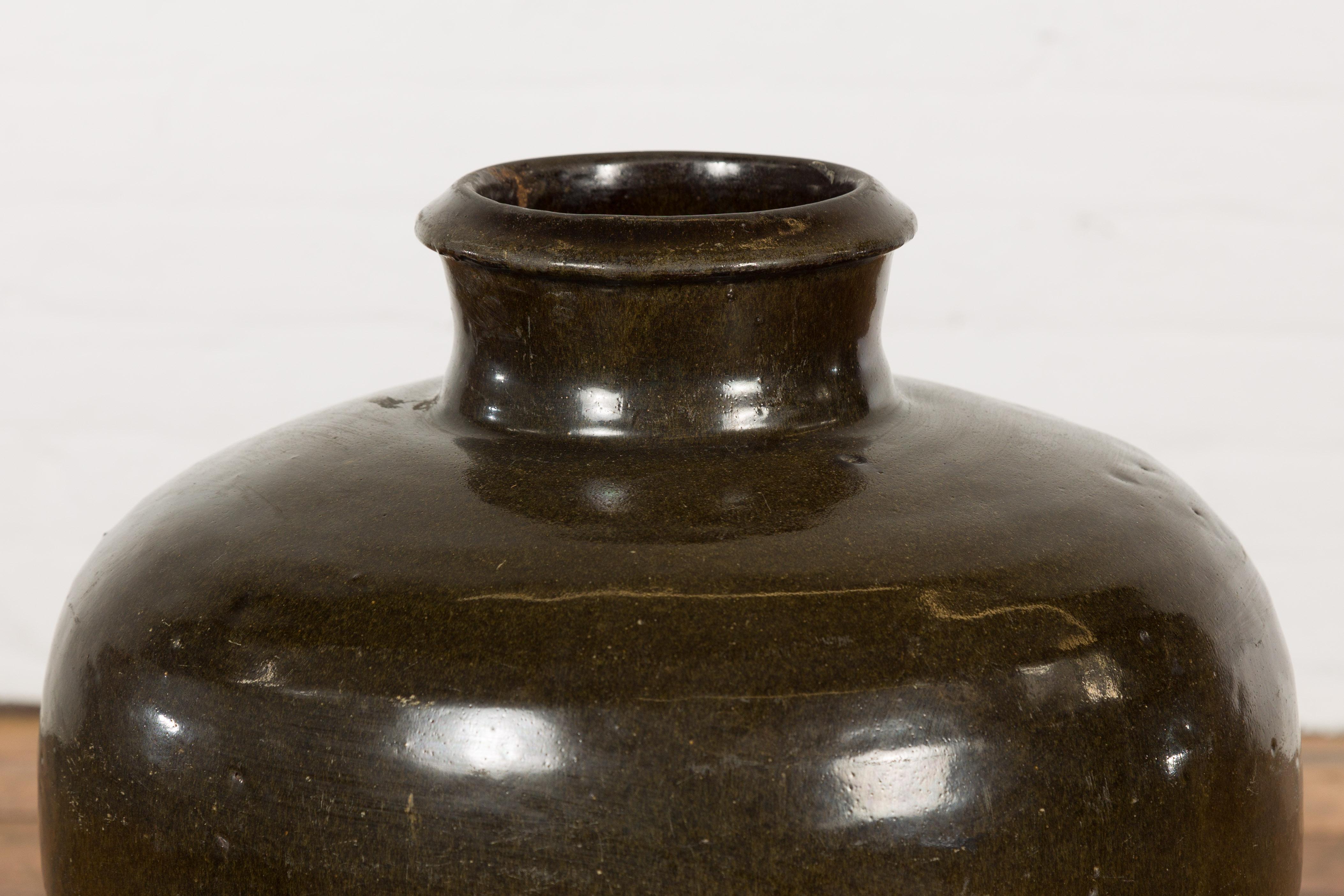 Vintage Dark Brownish Green Glazed Ceramic Storage Jar with Tapering Lines For Sale 7