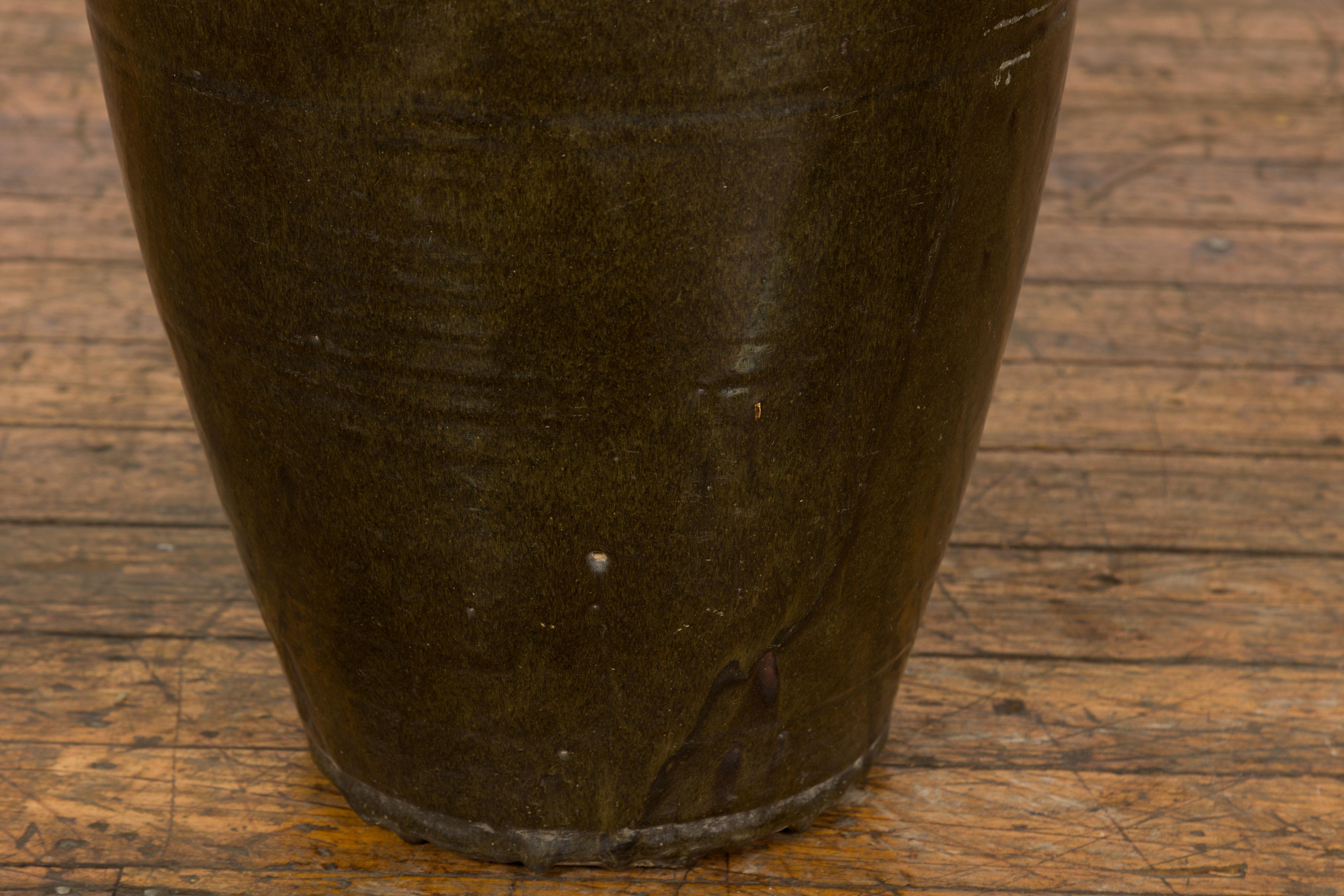 Vintage Dark Brownish Green Glazed Ceramic Storage Jar with Tapering Lines For Sale 8