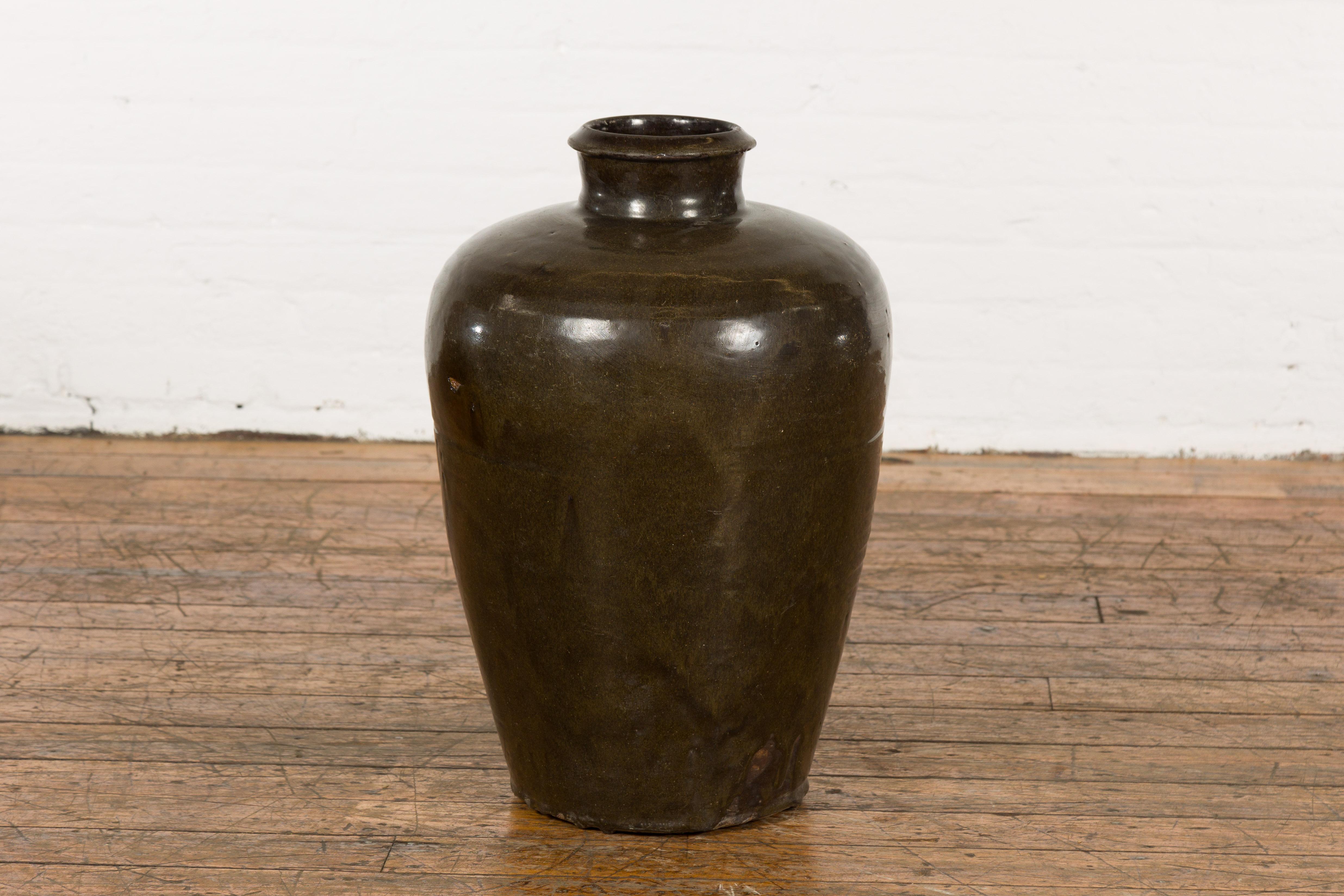 Vintage Dark Brownish Green Glazed Ceramic Storage Jar with Tapering Lines For Sale 10