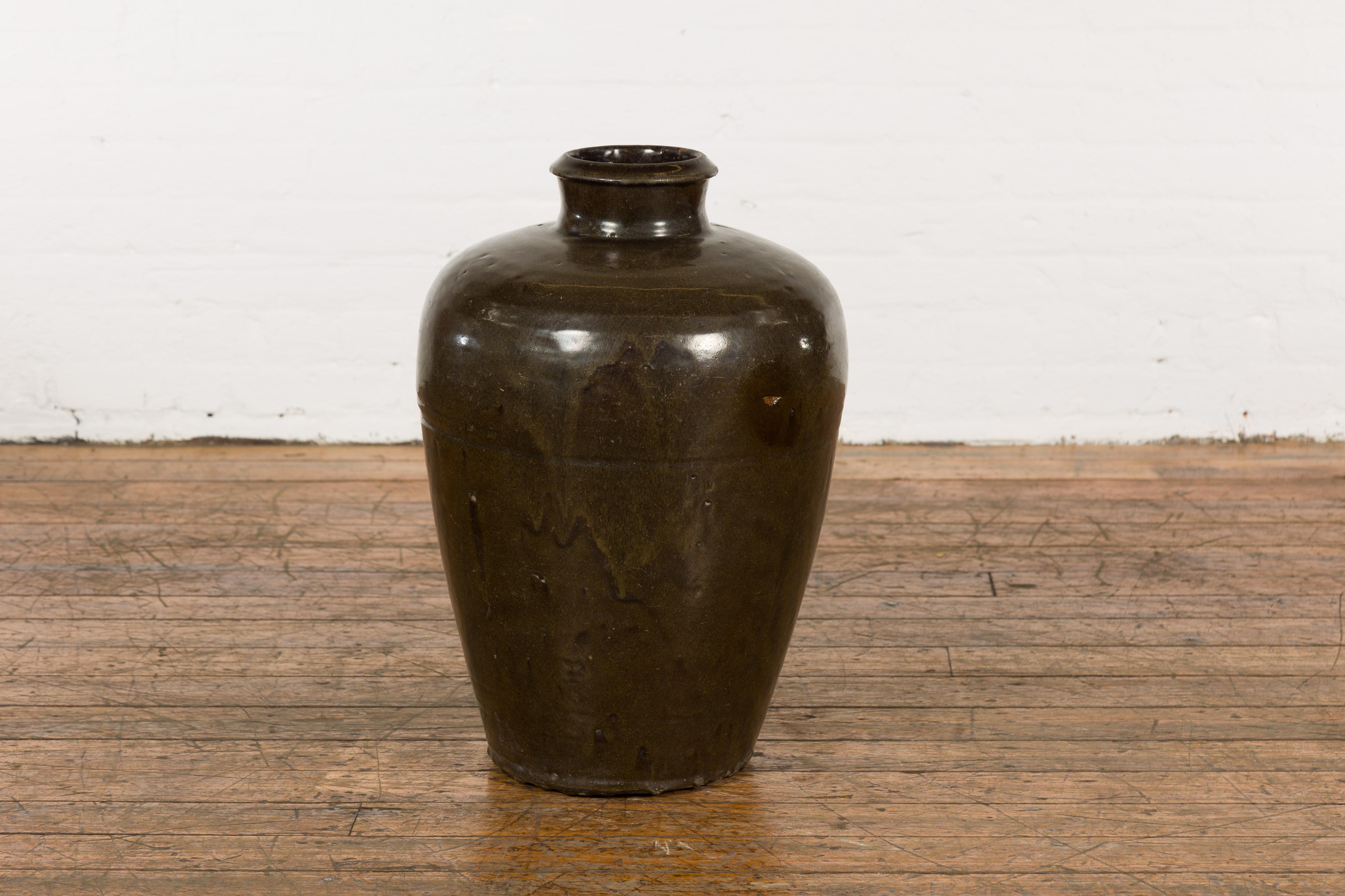 Vintage Dark Brownish Green Glazed Ceramic Storage Jar with Tapering Lines For Sale 11