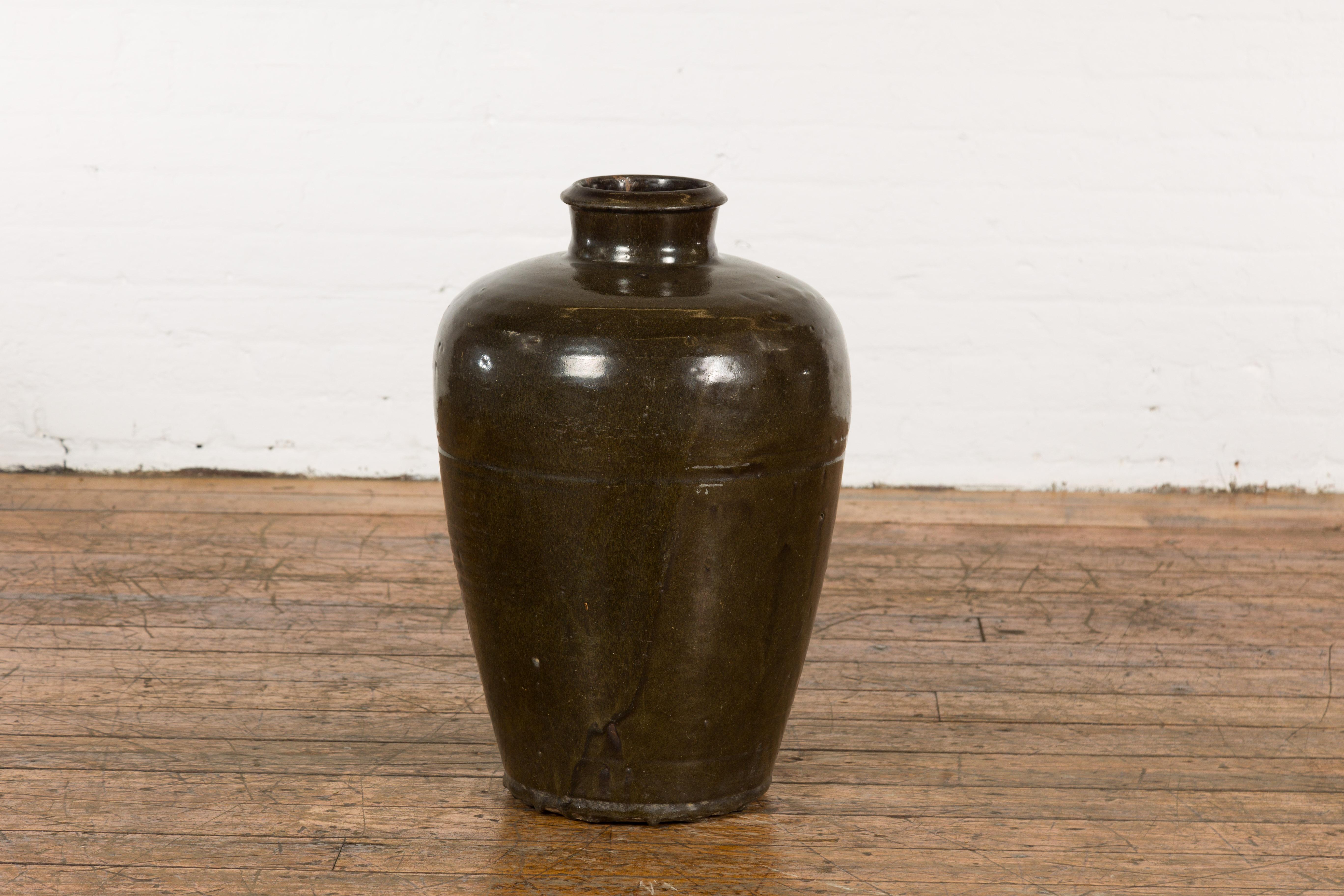 Vintage Dark Brownish Green Glazed Ceramic Storage Jar with Tapering Lines For Sale 12