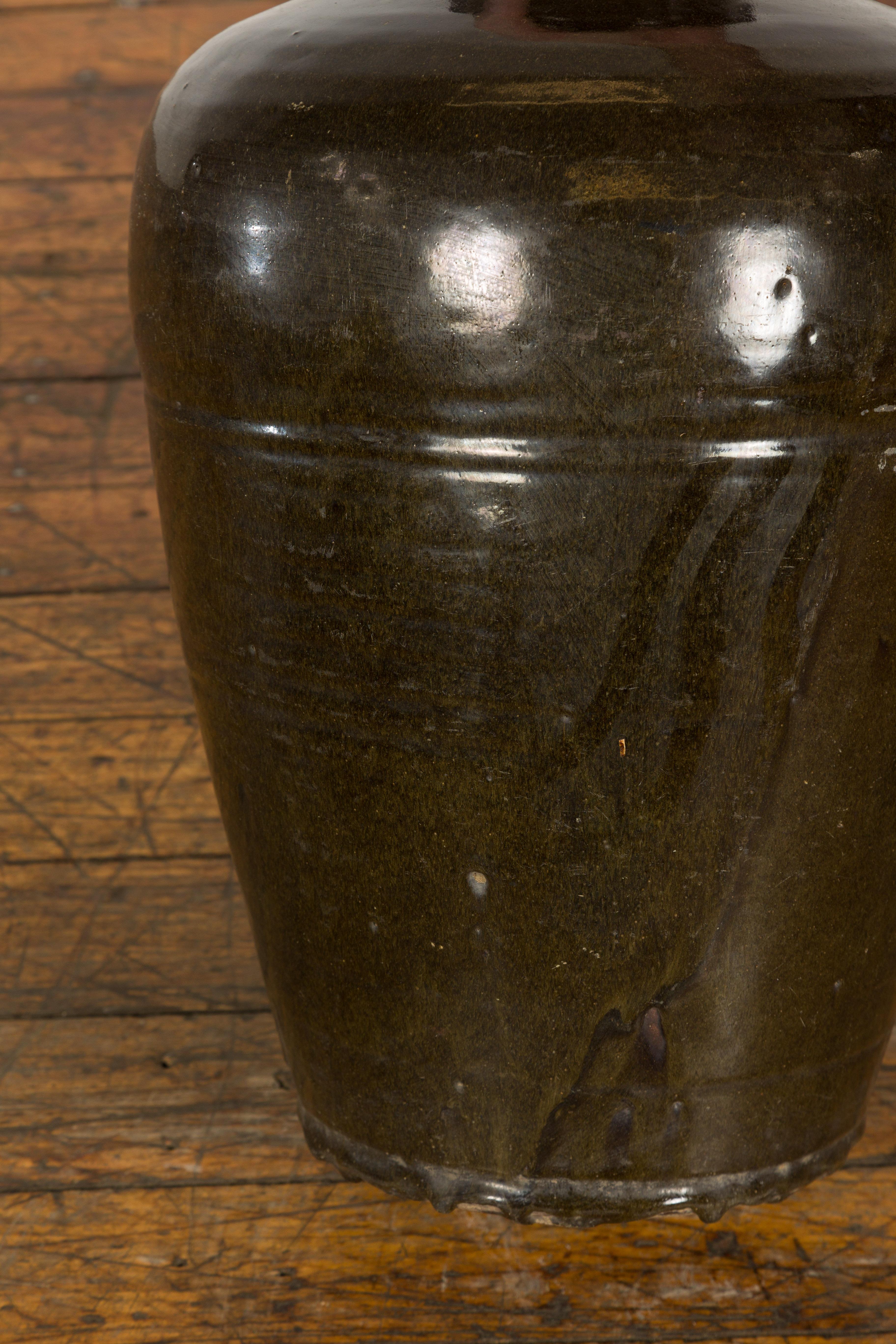 Vintage Dark Brownish Green Glazed Ceramic Storage Jar with Tapering Lines For Sale 13