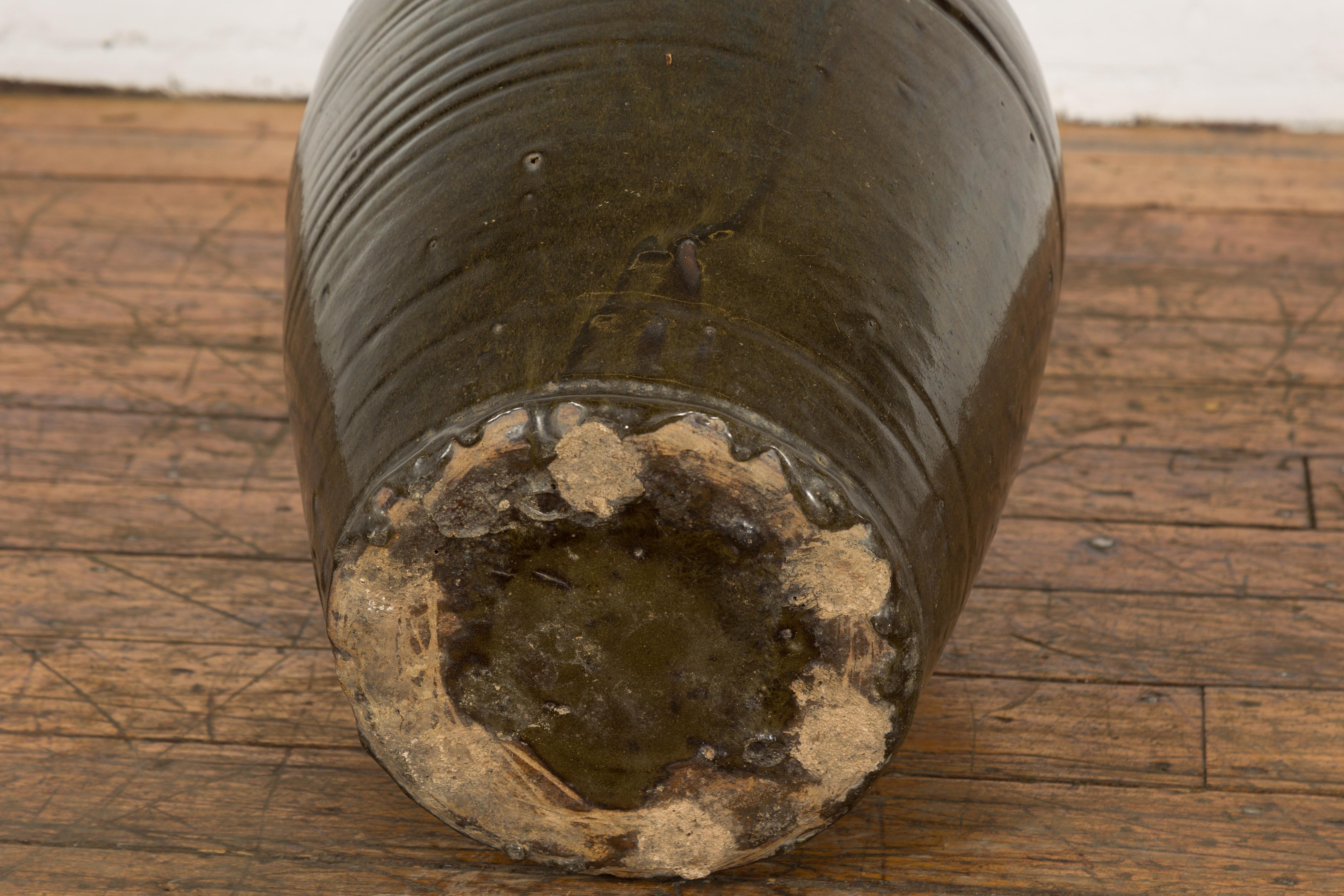 Vintage Dark Brownish Green Glazed Ceramic Storage Jar with Tapering Lines For Sale 14