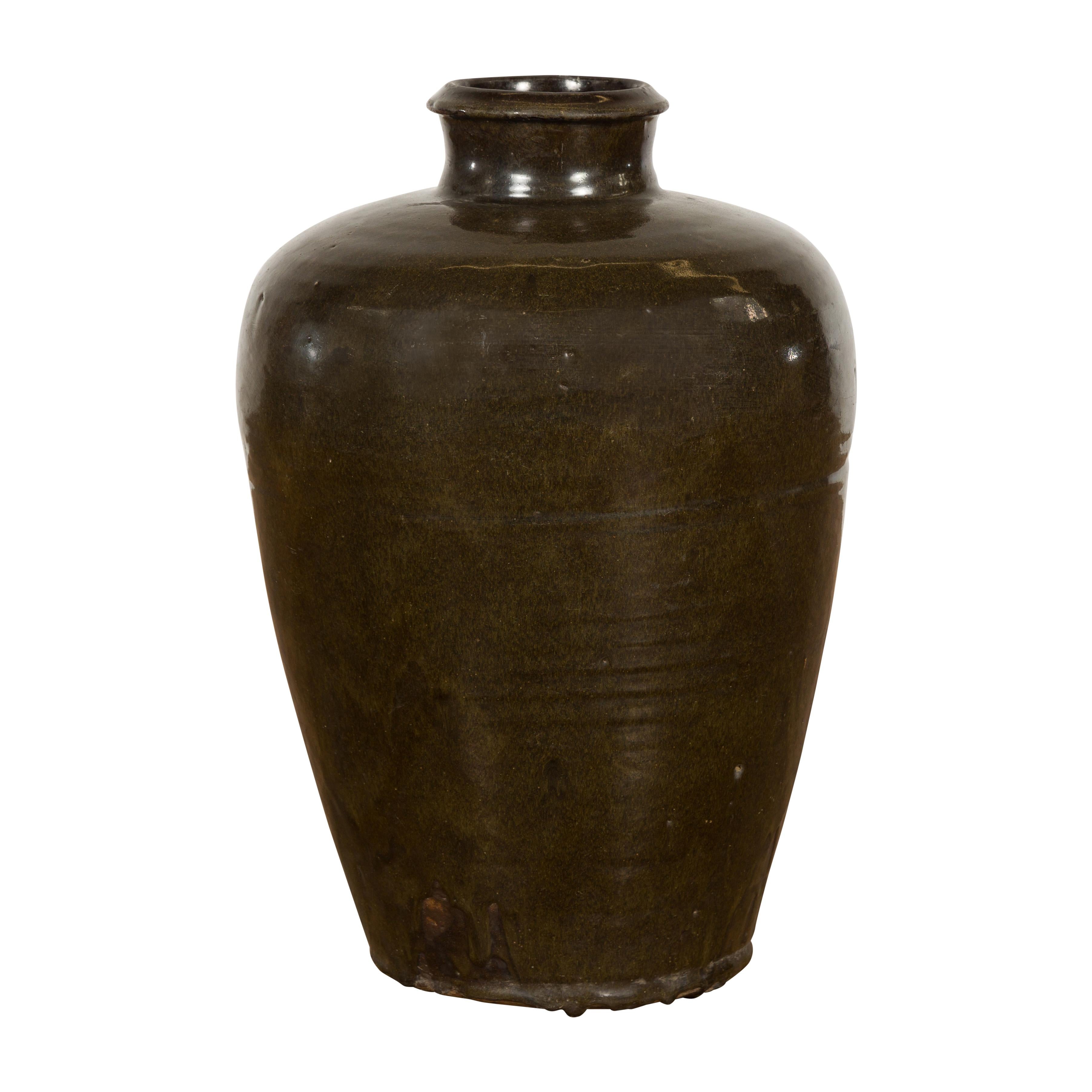 Vintage Dark Brownish Green Glazed Ceramic Storage Jar with Tapering Lines For Sale 15