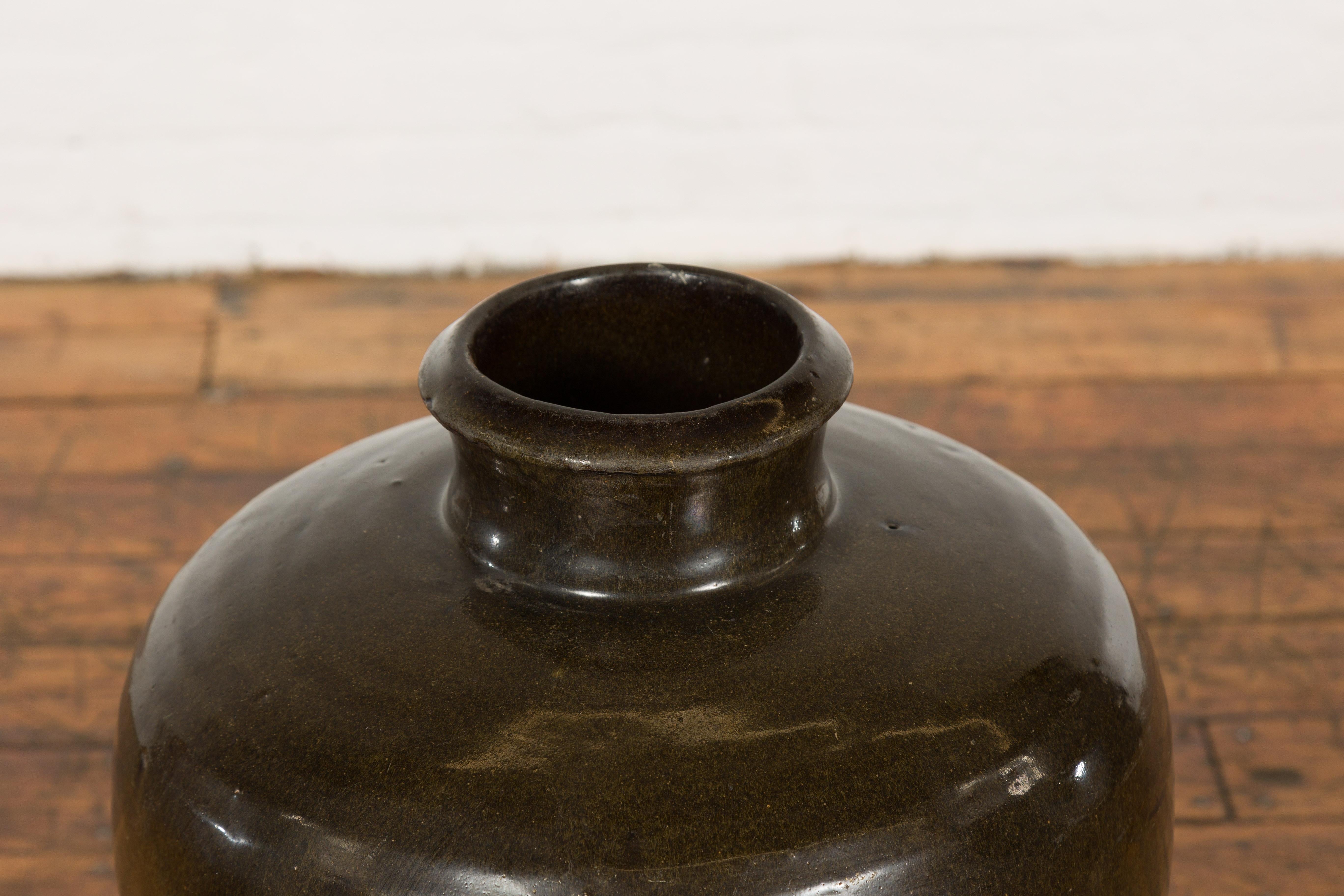 20th Century Vintage Dark Brownish Green Glazed Ceramic Storage Jar with Tapering Lines For Sale